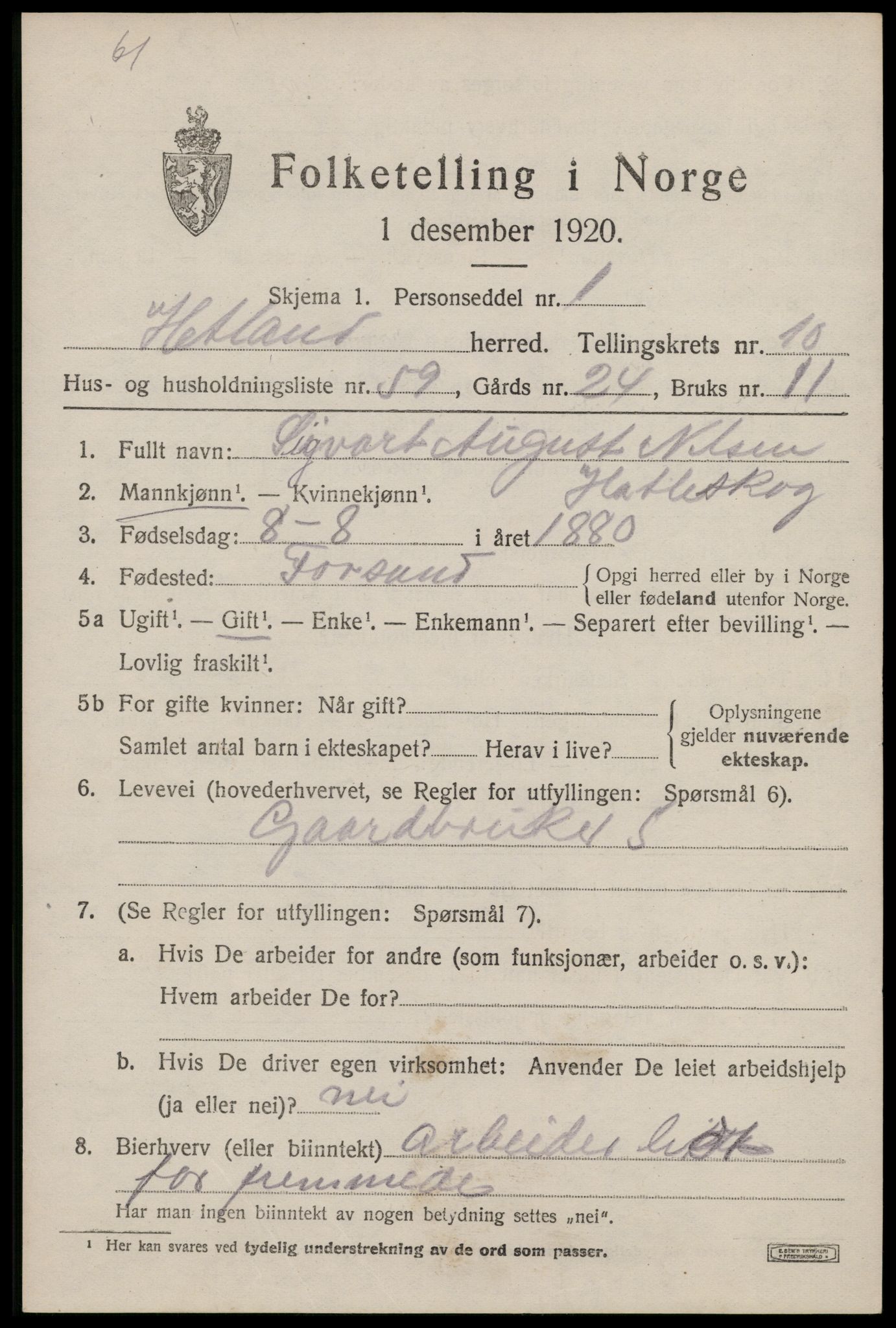 SAST, 1920 census for Hetland, 1920, p. 19745
