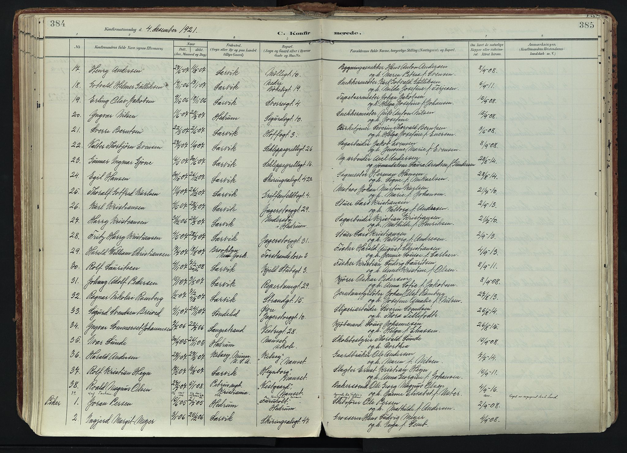 Larvik kirkebøker, AV/SAKO-A-352/F/Fa/L0011: Parish register (official) no. I 11, 1902-1922, p. 384-385