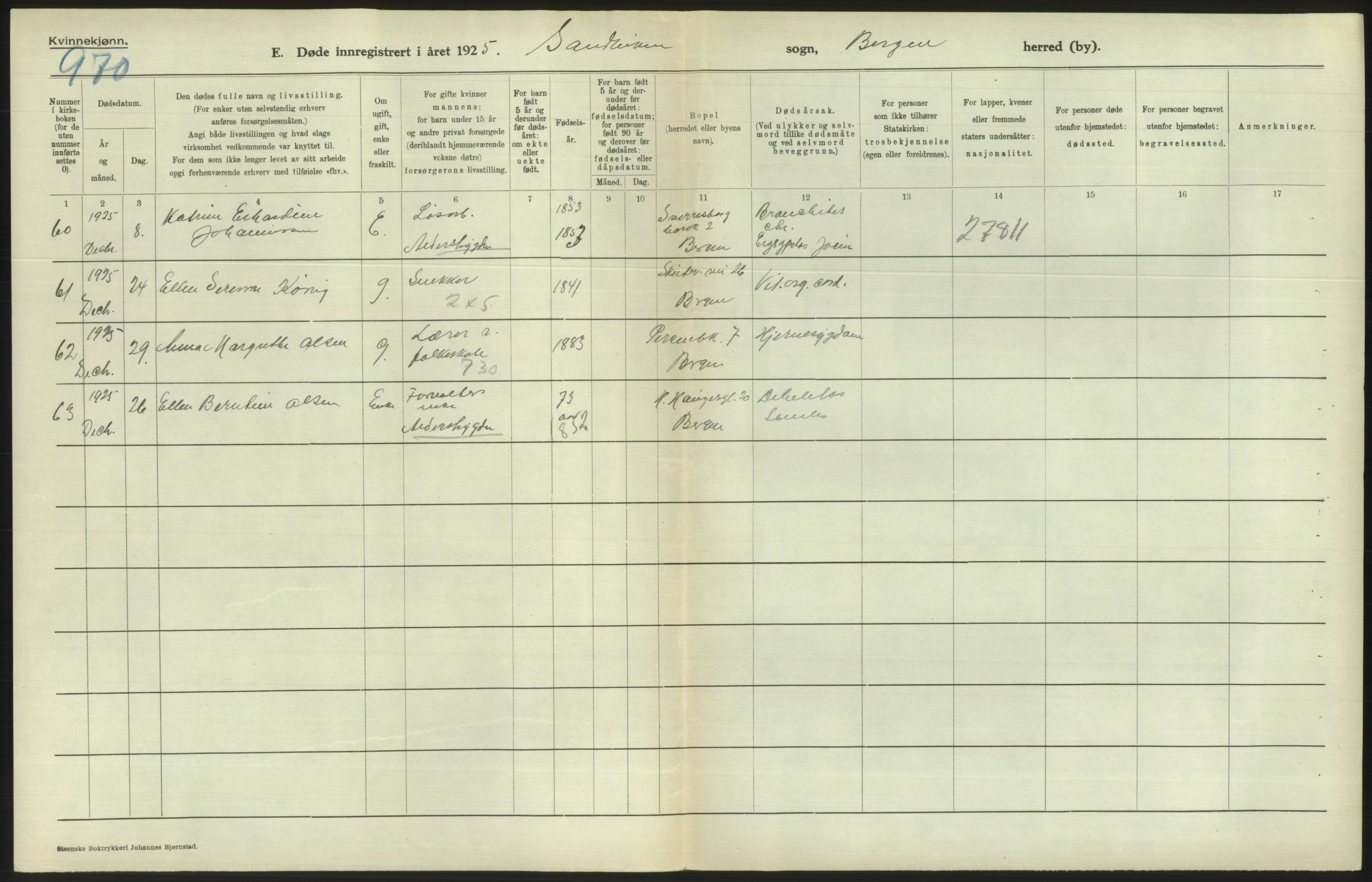 Statistisk sentralbyrå, Sosiodemografiske emner, Befolkning, RA/S-2228/D/Df/Dfc/Dfce/L0029: Bergen: Gifte, døde., 1925, p. 684