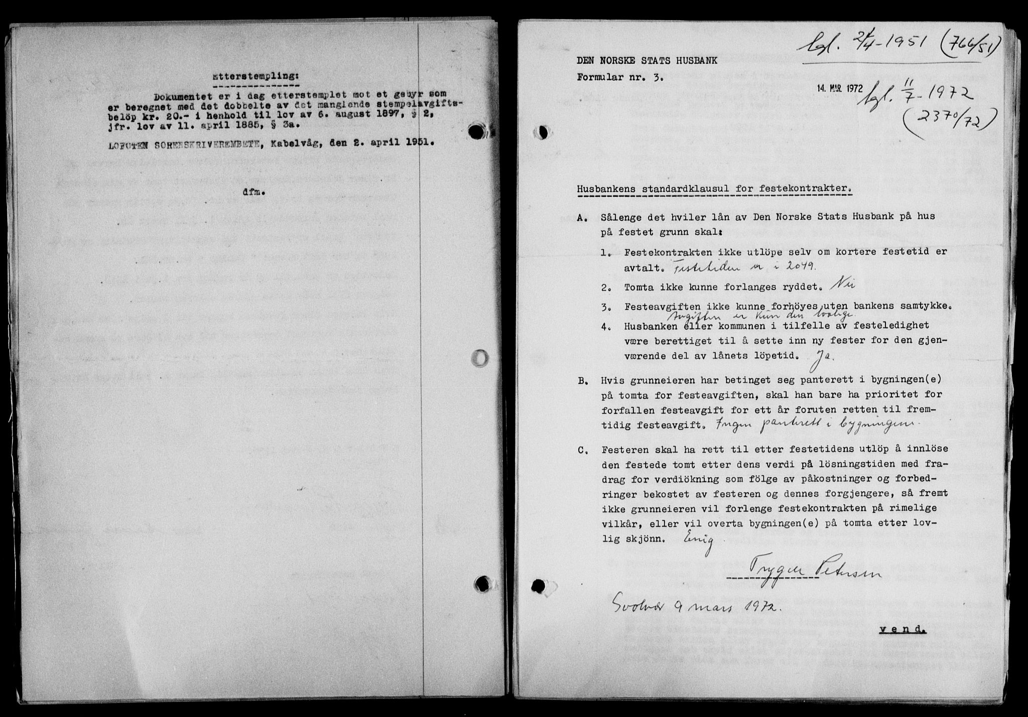 Lofoten sorenskriveri, SAT/A-0017/1/2/2C/L0025a: Mortgage book no. 25a, 1950-1951, Diary no: : 766/1951