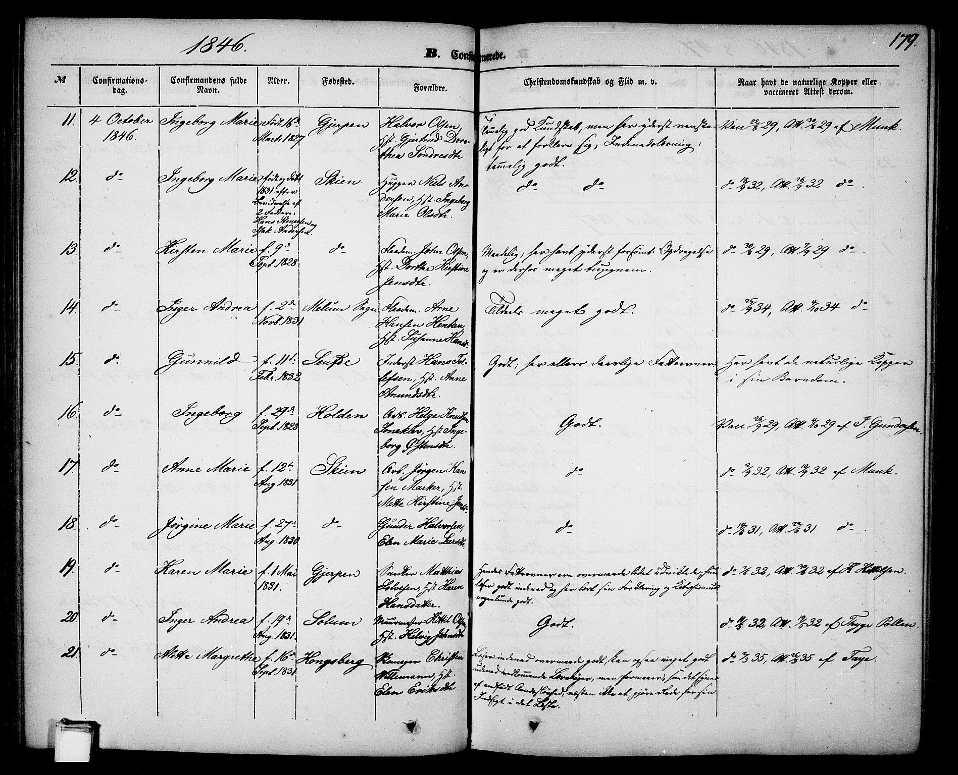 Skien kirkebøker, AV/SAKO-A-302/G/Ga/L0004: Parish register (copy) no. 4, 1843-1867, p. 179