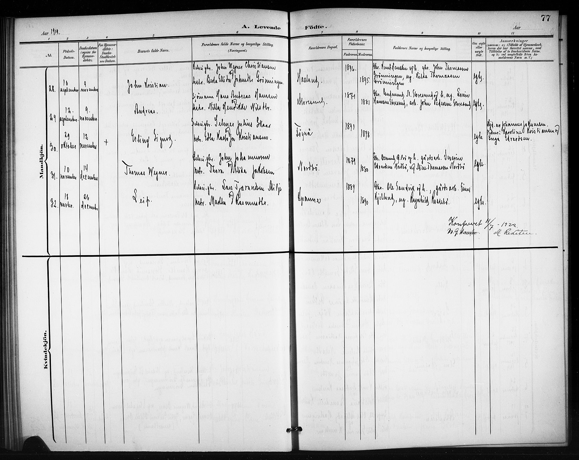 Torvastad sokneprestkontor, AV/SAST-A -101857/H/Ha/Hab/L0008: Parish register (copy) no. B 8, 1901-1924, p. 77