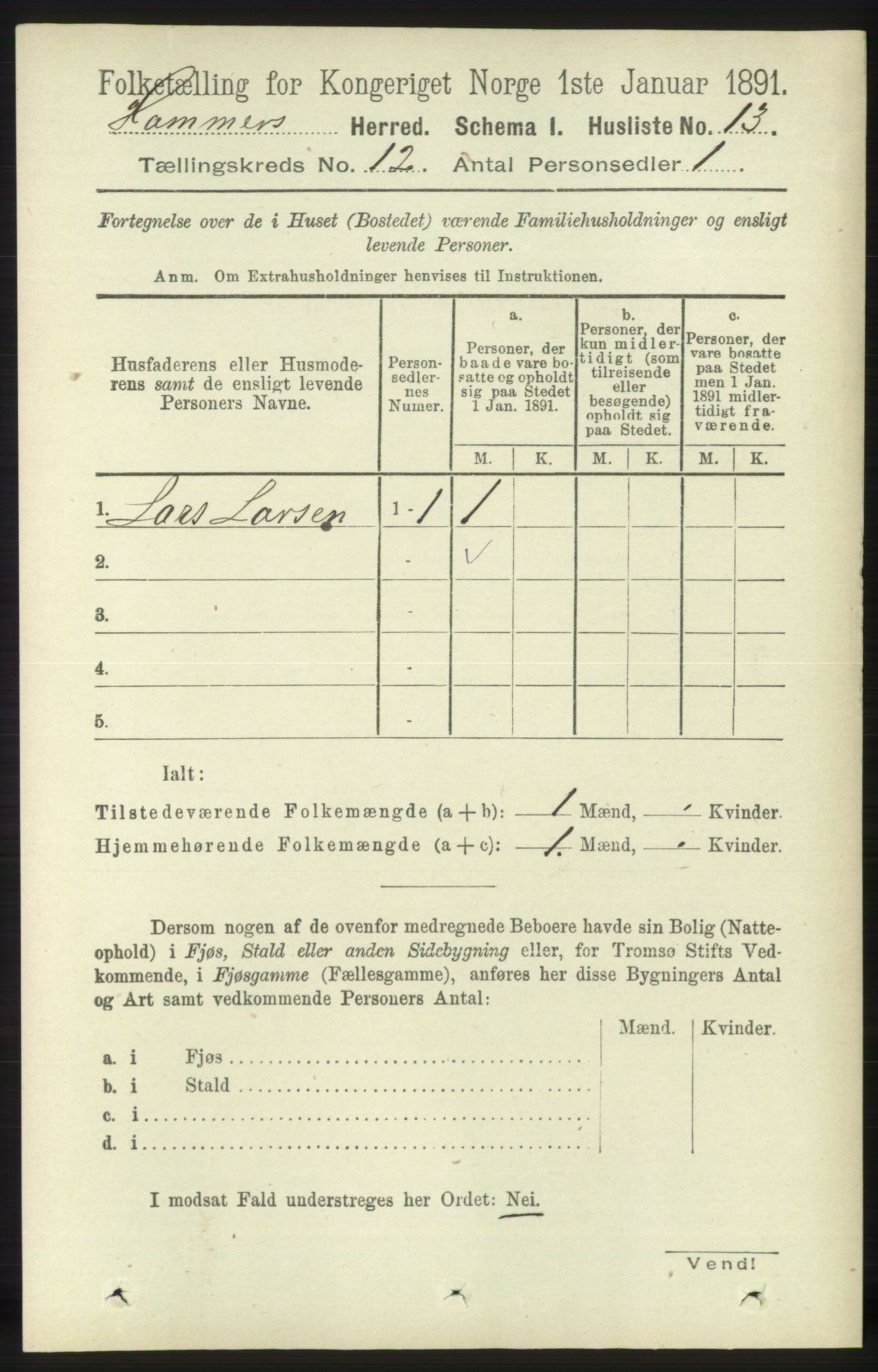 RA, 1891 census for 1254 Hamre, 1891, p. 3421