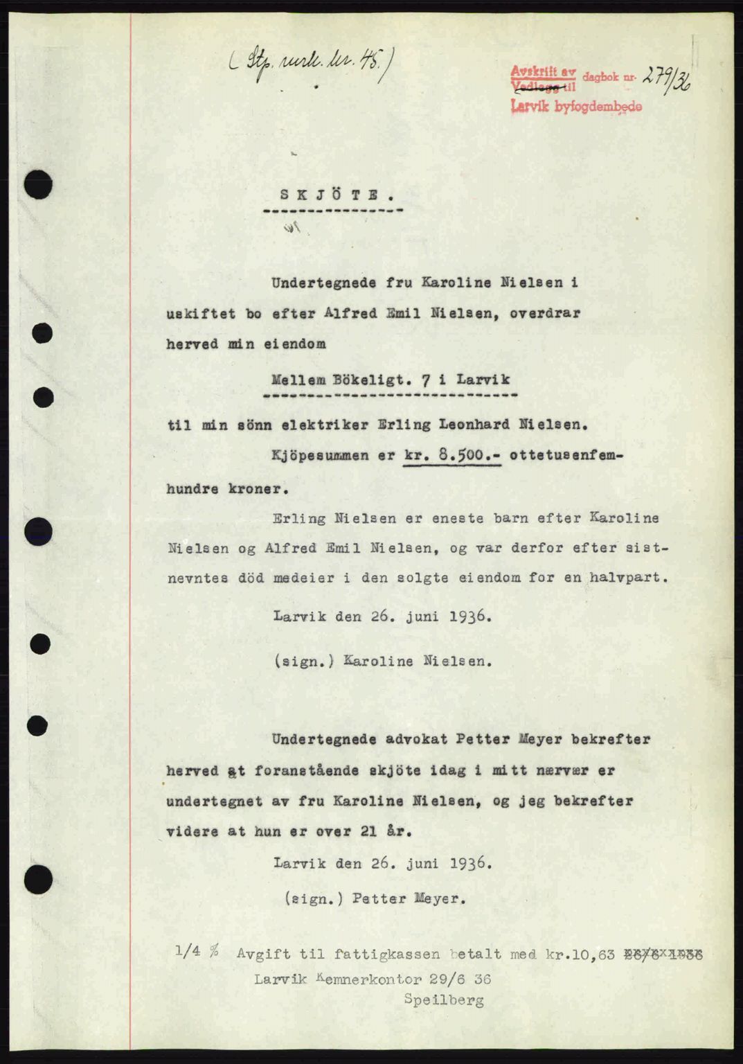 Larvik sorenskriveri, SAKO/A-83/G/Ga/Gab/L0067: Mortgage book no. A-1, 1936-1937, Diary no: : 279/1936