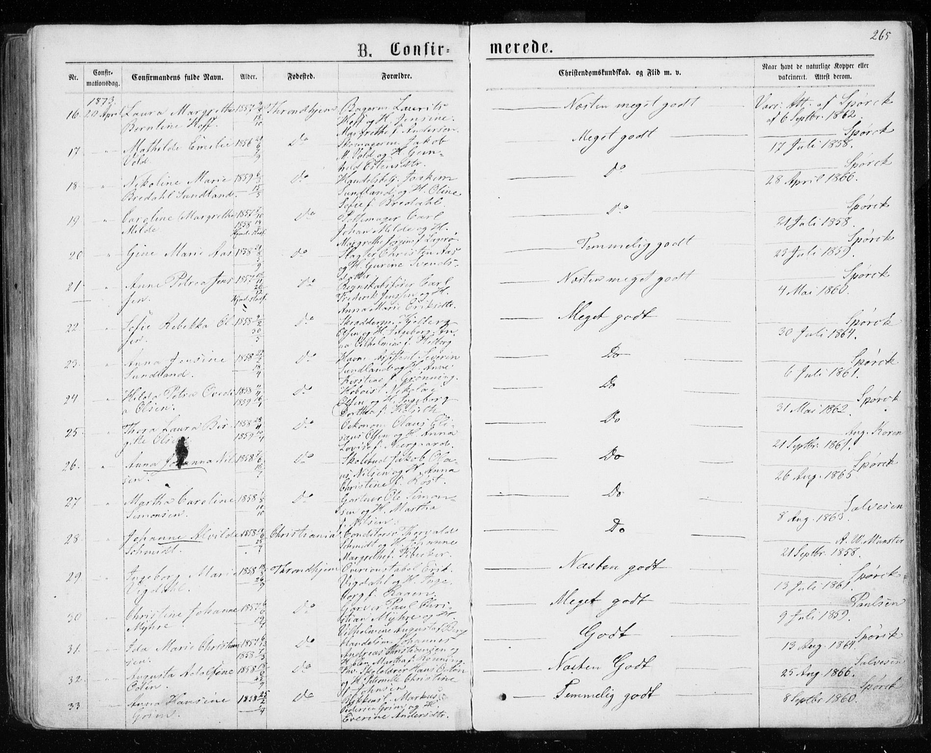 Ministerialprotokoller, klokkerbøker og fødselsregistre - Sør-Trøndelag, AV/SAT-A-1456/601/L0054: Parish register (official) no. 601A22, 1866-1877, p. 265