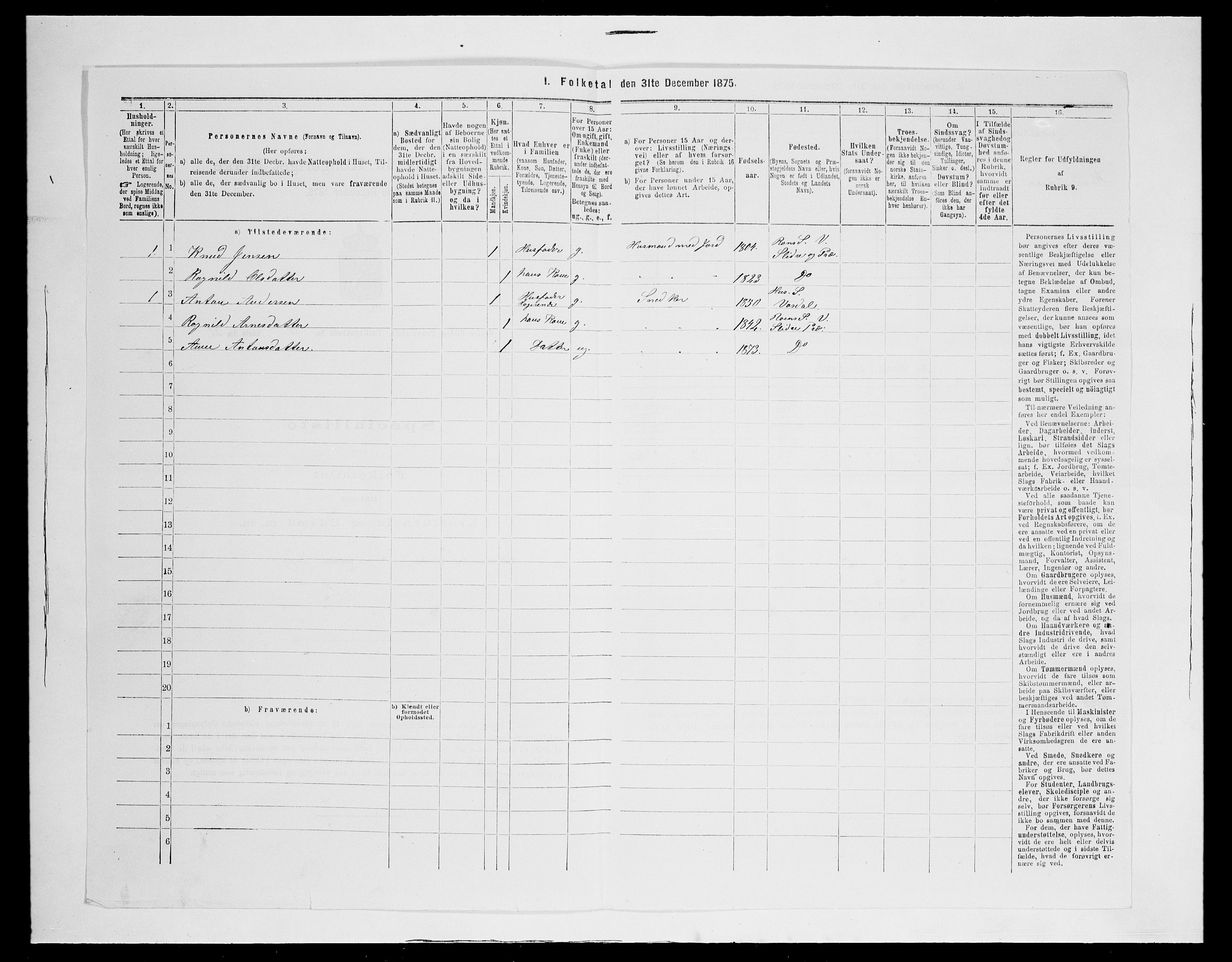 SAH, 1875 census for 0543P Vestre Slidre, 1875, p. 762