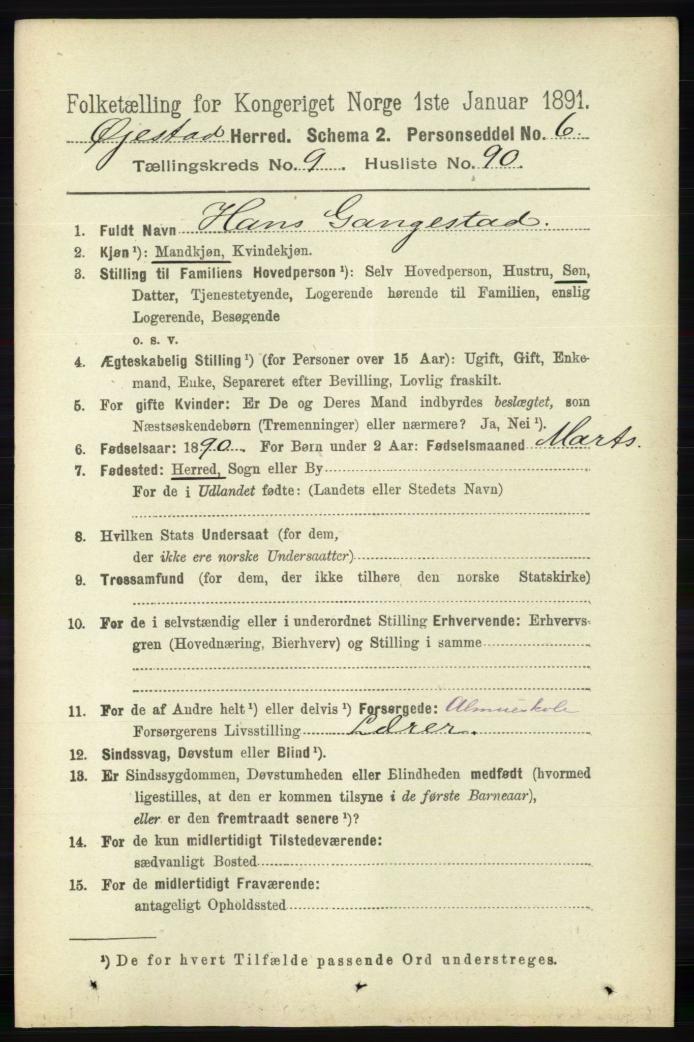 RA, 1891 census for 0920 Øyestad, 1891, p. 4061