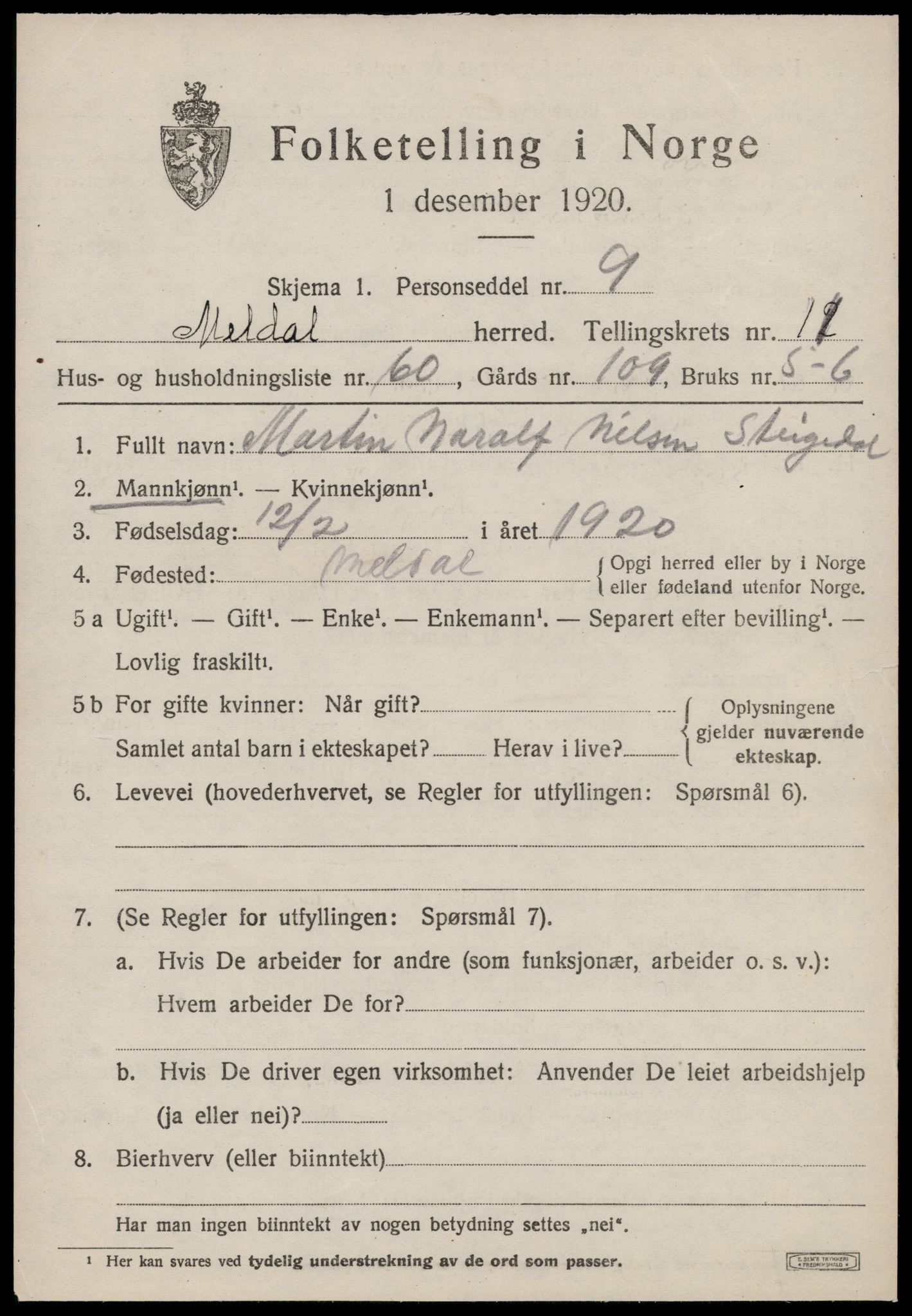 SAT, 1920 census for Meldal, 1920, p. 9129