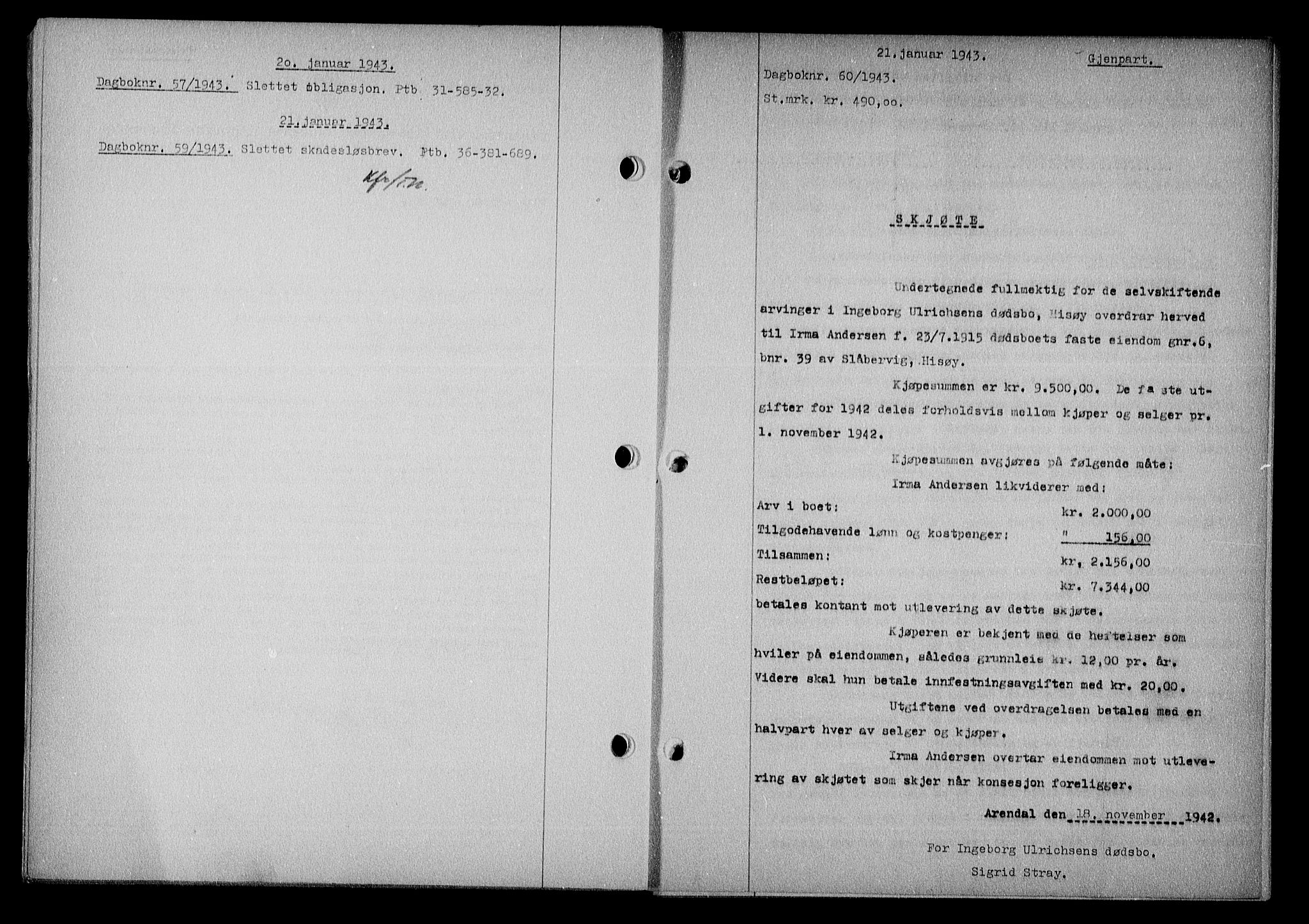 Nedenes sorenskriveri, SAK/1221-0006/G/Gb/Gba/L0050: Mortgage book no. A-IV, 1942-1943, Diary no: : 60/1943