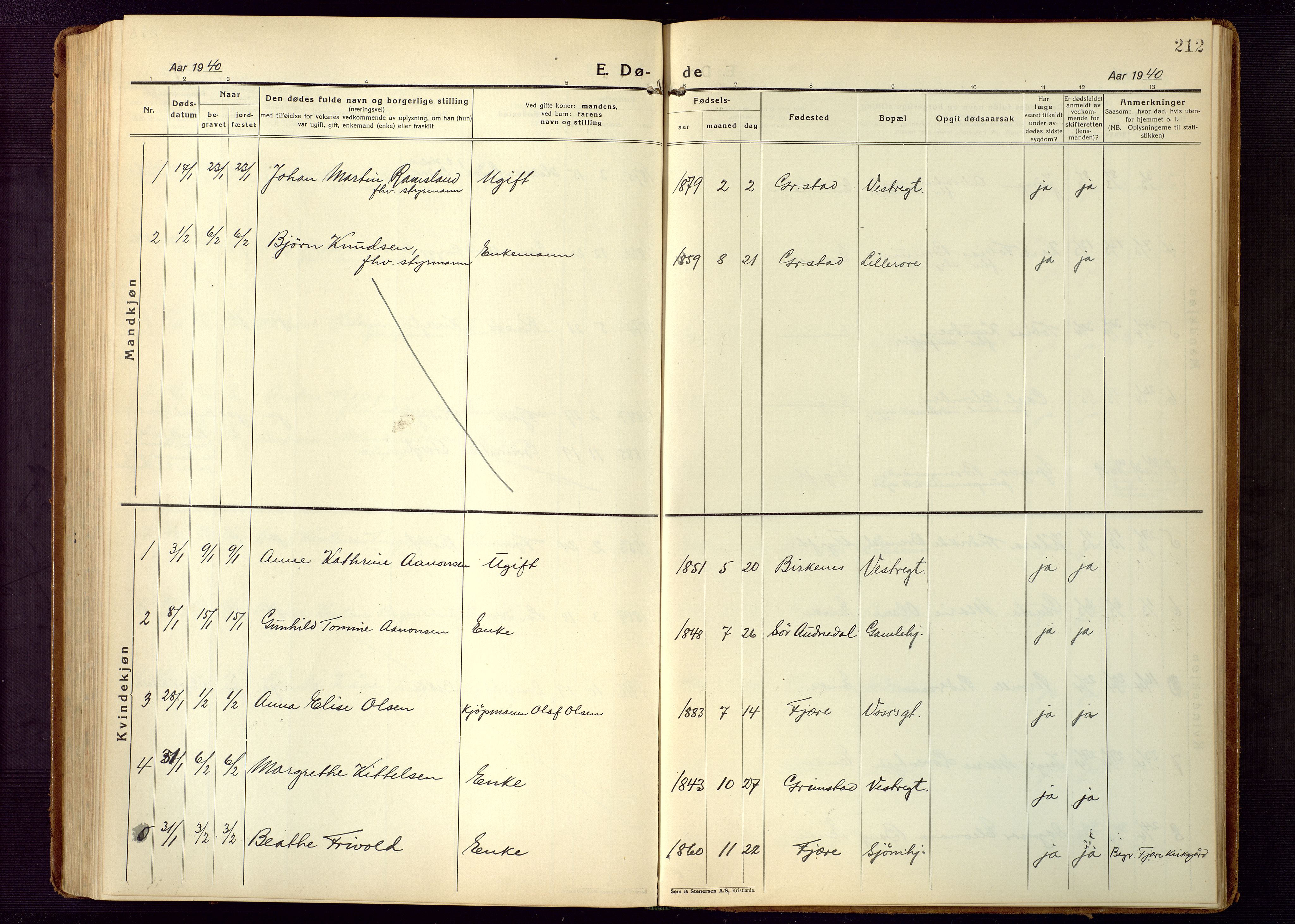 Grimstad sokneprestkontor, SAK/1111-0017/F/Fb/L0002: Parish register (copy) no. B 2, 1923-1949, p. 212