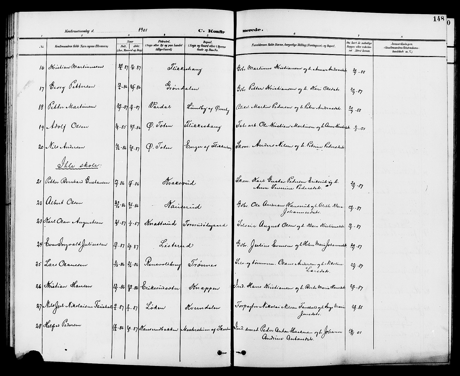 Vestre Toten prestekontor, SAH/PREST-108/H/Ha/Hab/L0010: Parish register (copy) no. 10, 1900-1912, p. 148