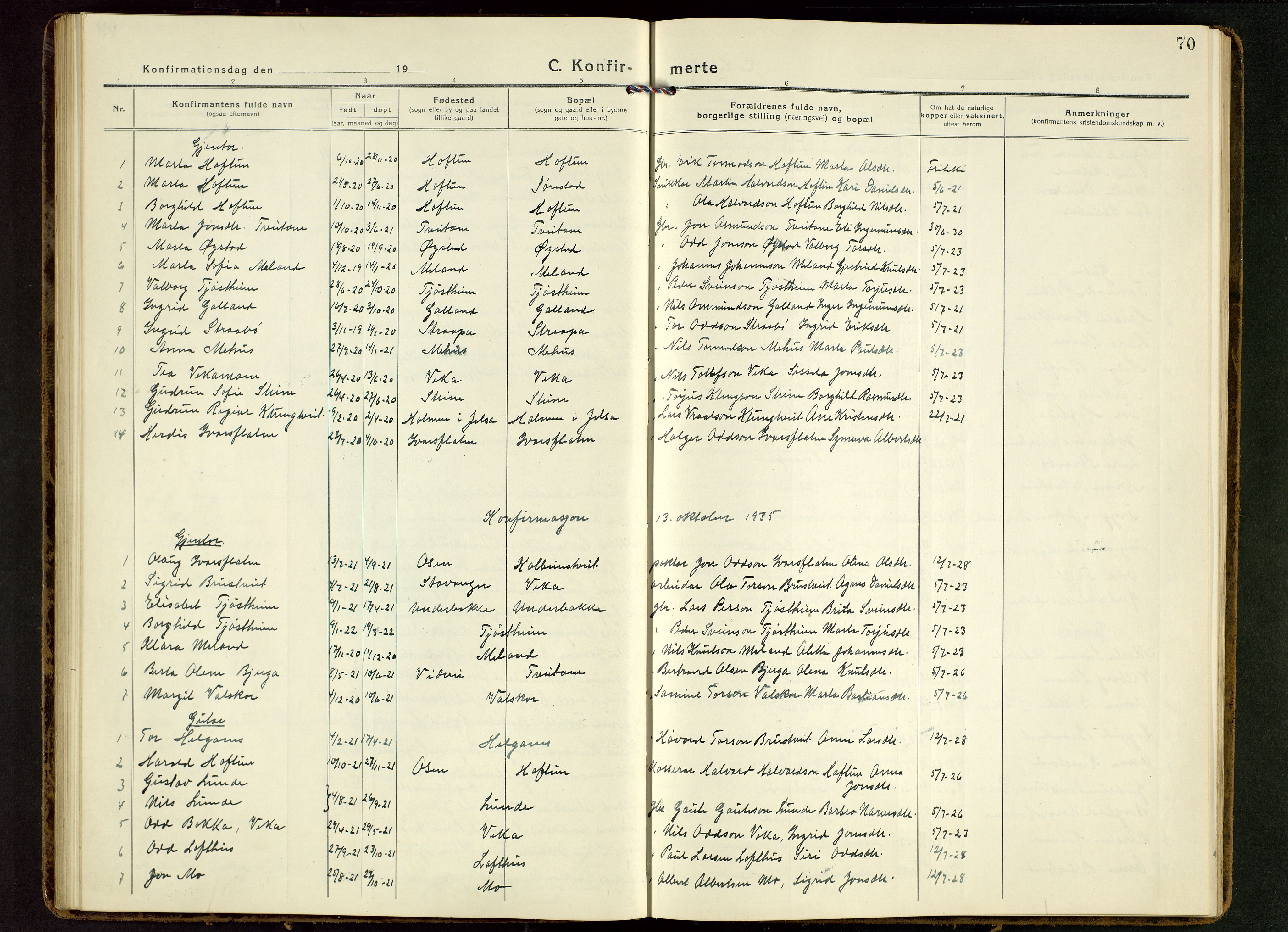 Suldal sokneprestkontor, AV/SAST-A-101845/01/V/L0007: Parish register (copy) no. B 7, 1917-1946, p. 70