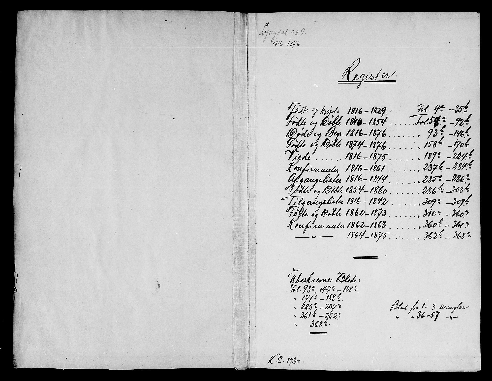 Lyngdal sokneprestkontor, SAK/1111-0029/F/Fb/Fba/L0001: Parish register (copy) no. B 1, 1816-1876