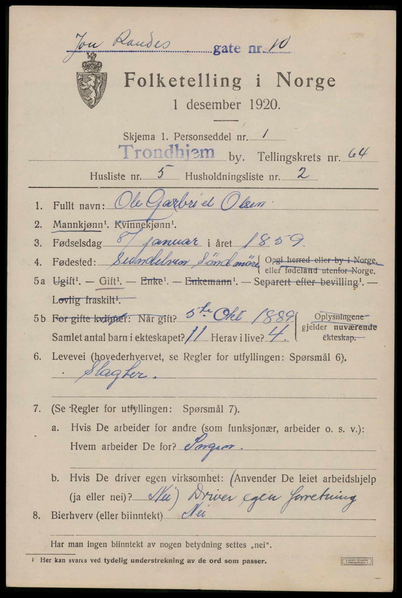 SAT, 1920 census for Trondheim, 1920, p. 127604