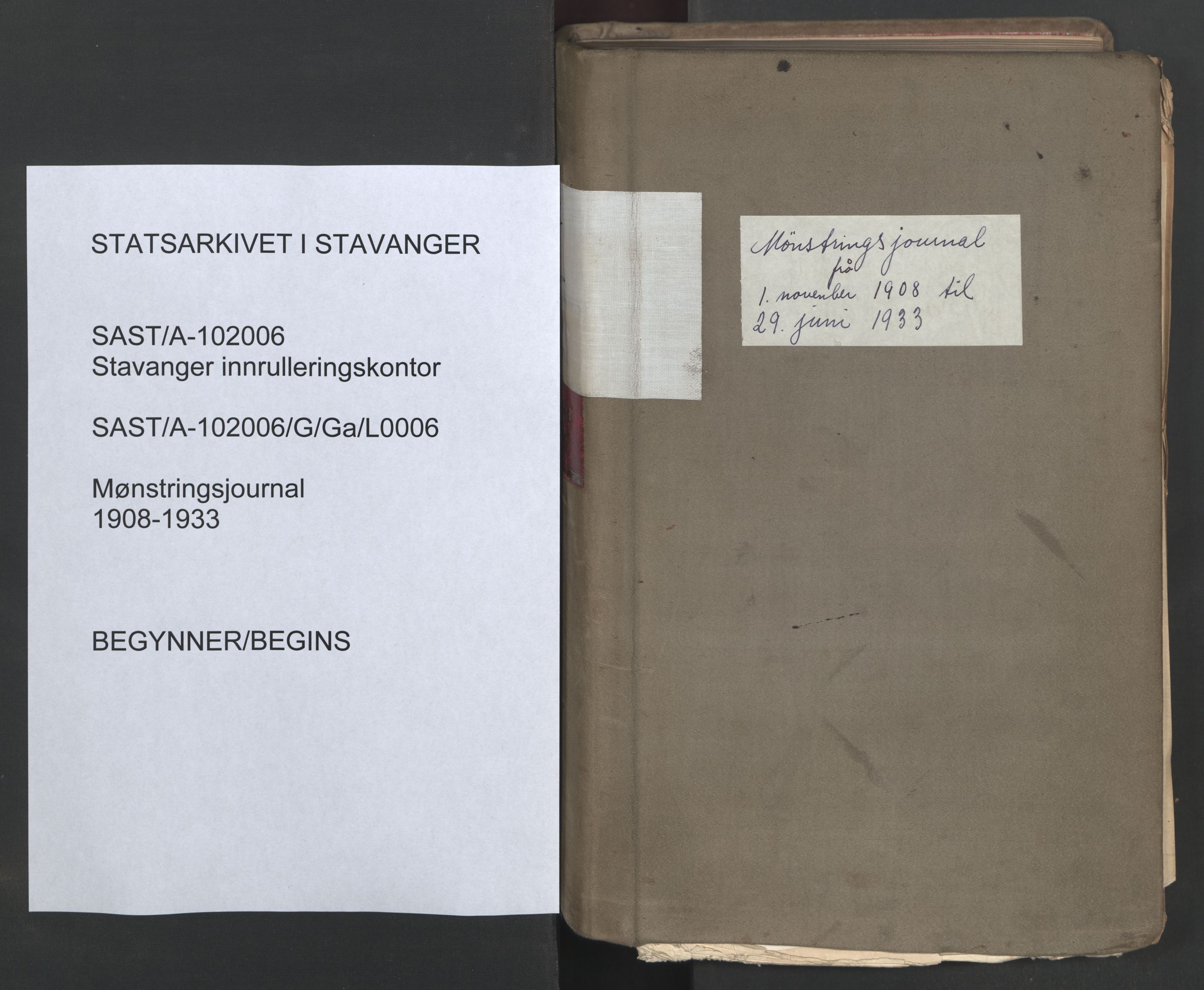 Stavanger sjømannskontor, SAST/A-102006/G/Ga/L0006: Mønstringsjournal, 1908-1933, p. 1