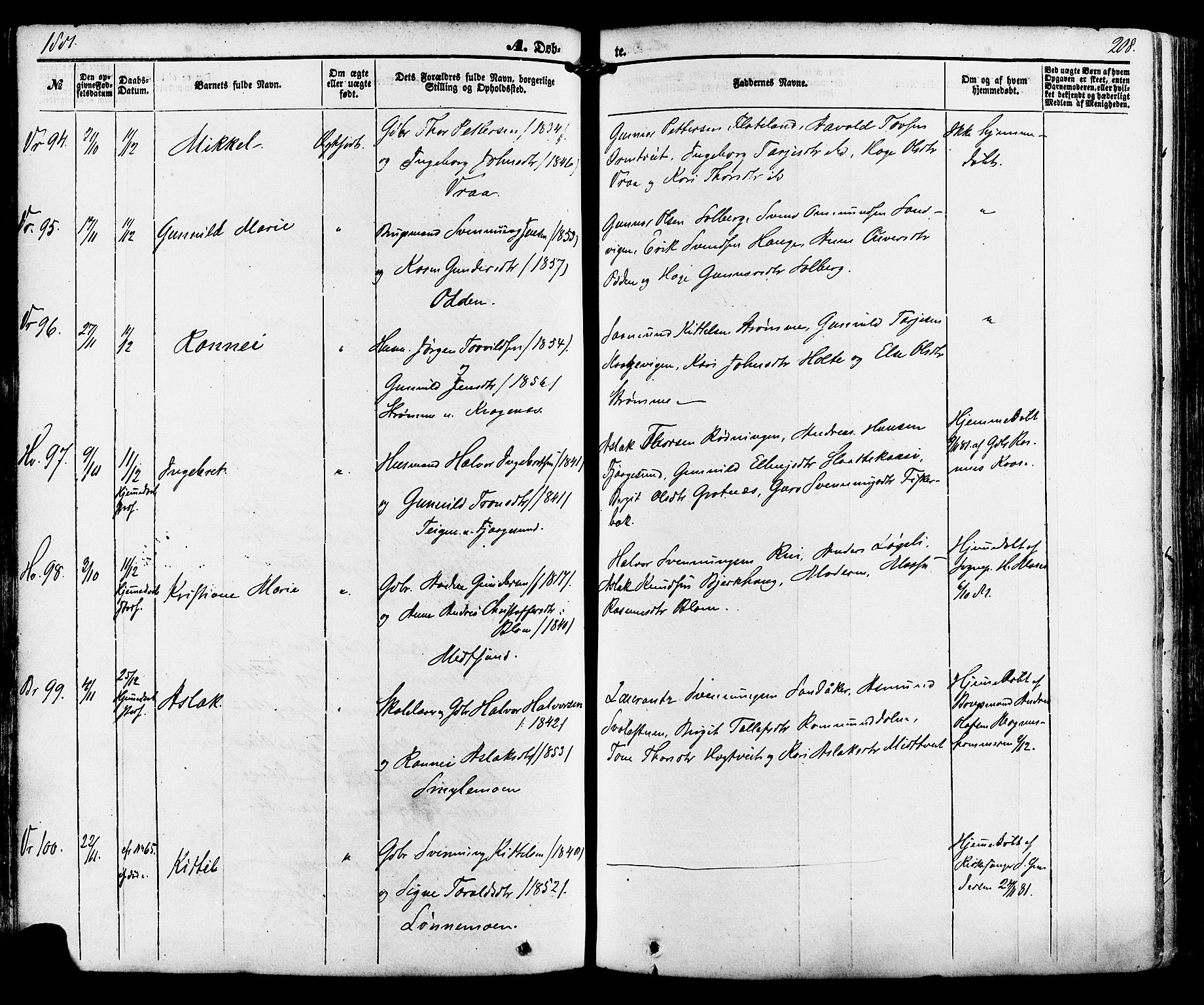 Kviteseid kirkebøker, SAKO/A-276/F/Fa/L0007: Parish register (official) no. I 7, 1859-1881, p. 208
