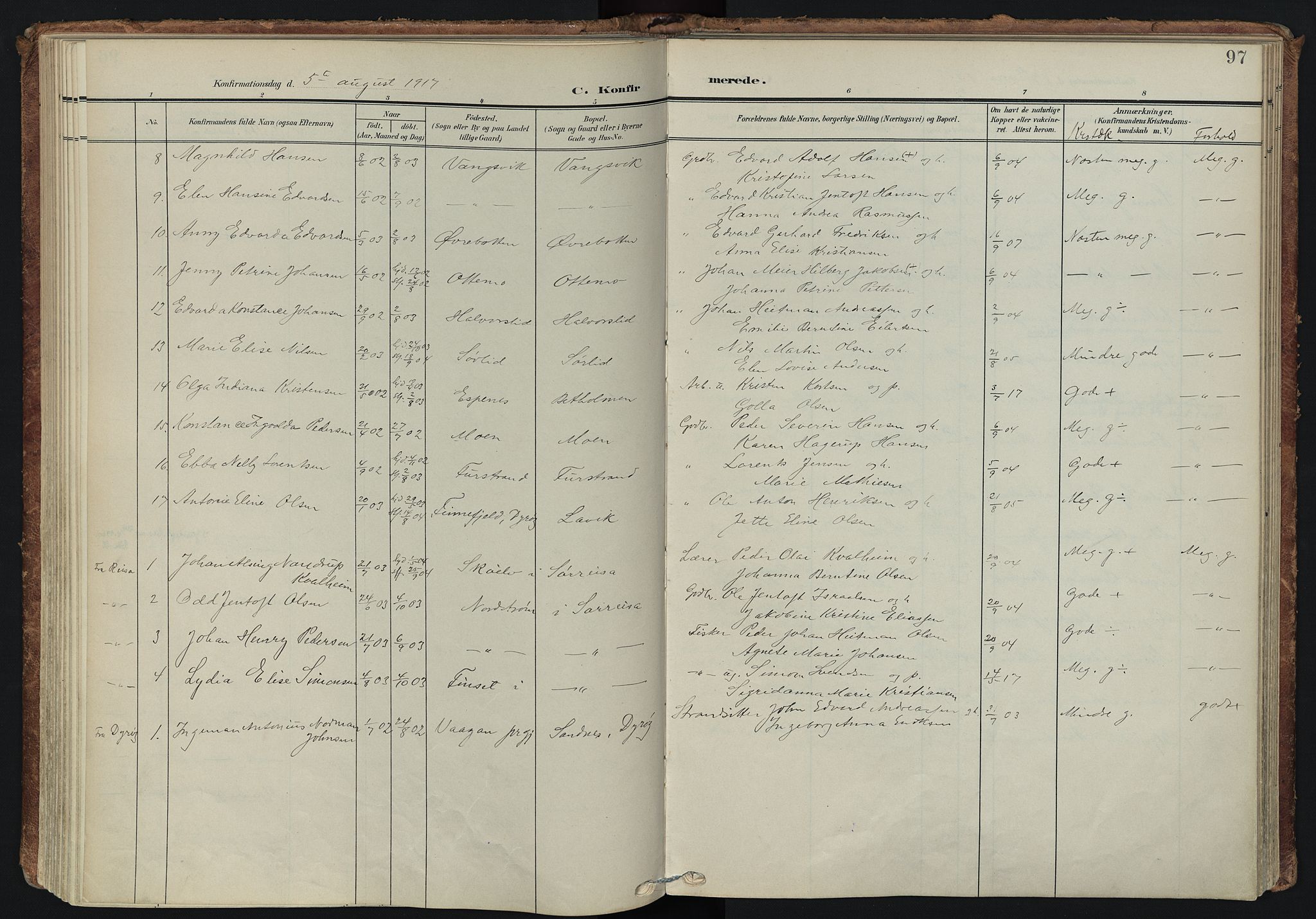 Tranøy sokneprestkontor, AV/SATØ-S-1313/I/Ia/Iaa/L0014kirke: Parish register (official) no. 14, 1905-1919, p. 97