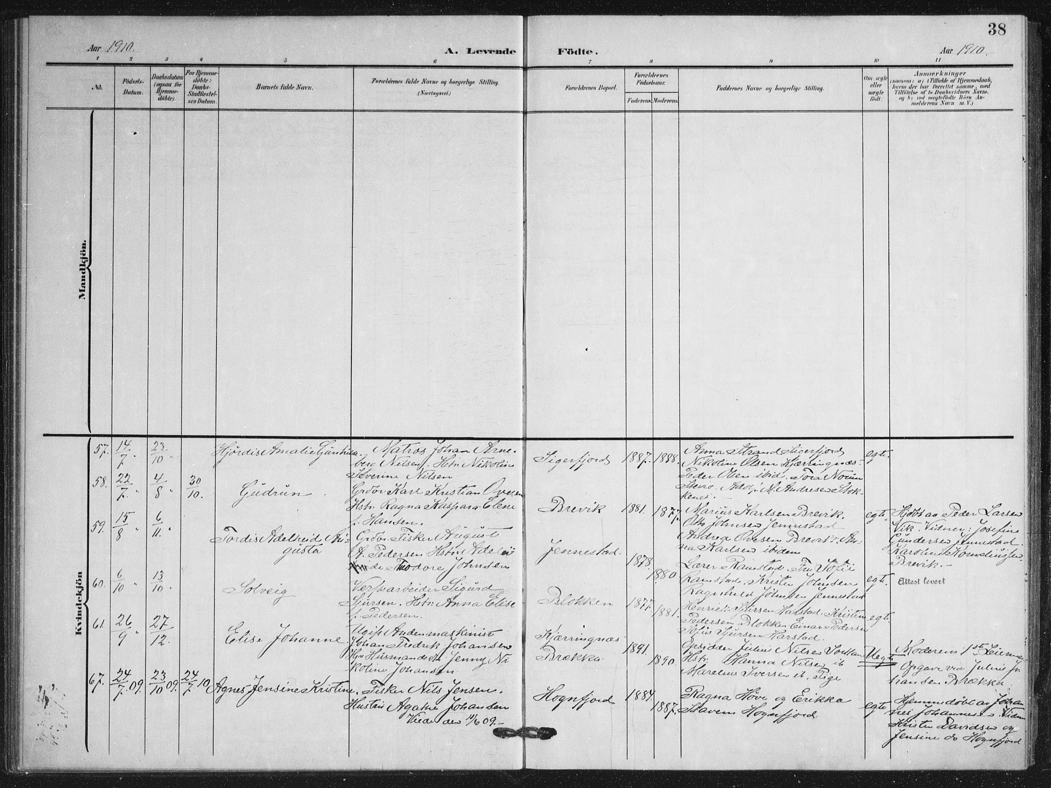 Ministerialprotokoller, klokkerbøker og fødselsregistre - Nordland, SAT/A-1459/895/L1373: Parish register (official) no. 895A08, 1905-1915, p. 38