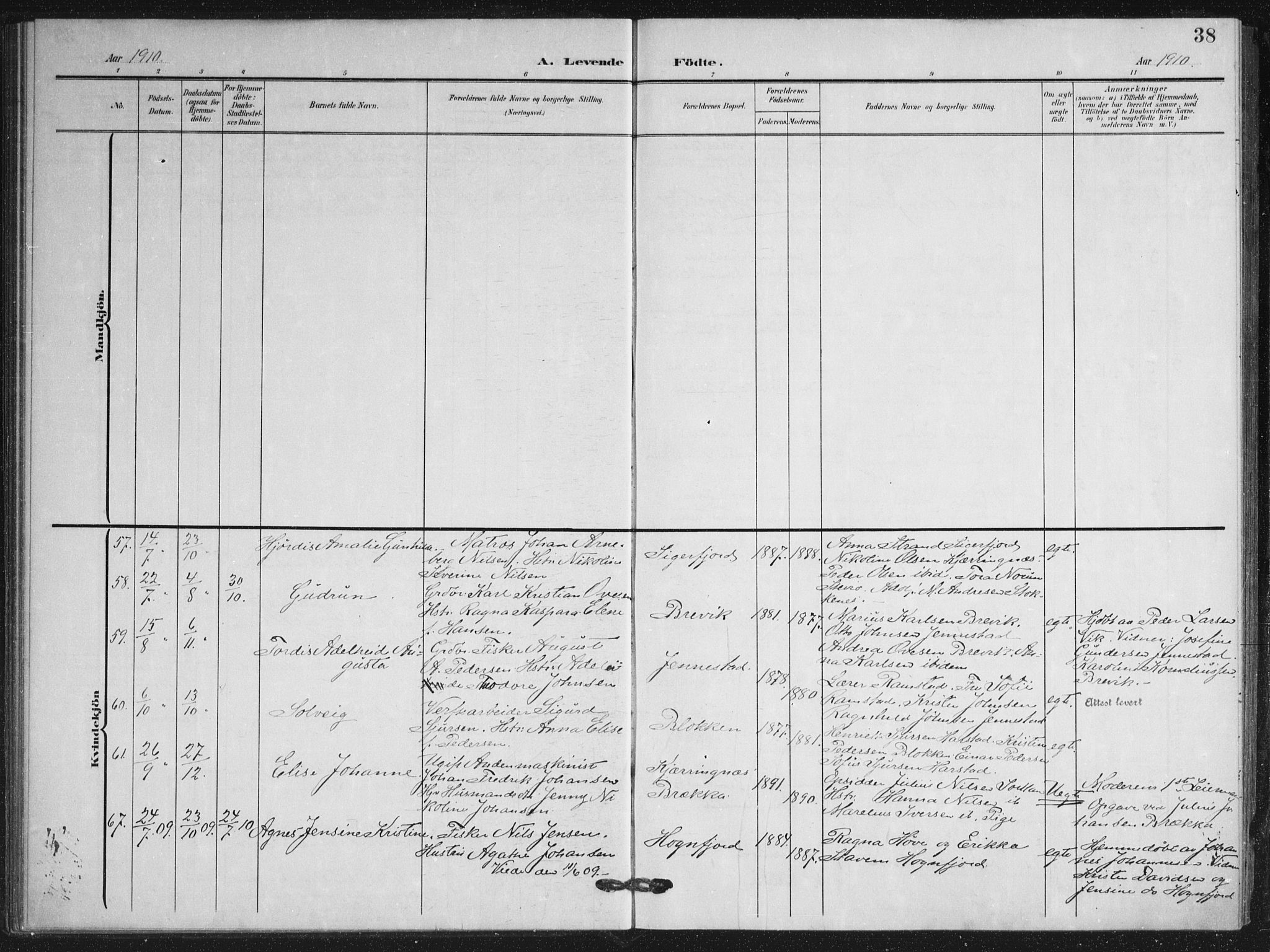 Ministerialprotokoller, klokkerbøker og fødselsregistre - Nordland, AV/SAT-A-1459/895/L1373: Parish register (official) no. 895A08, 1905-1915, p. 38