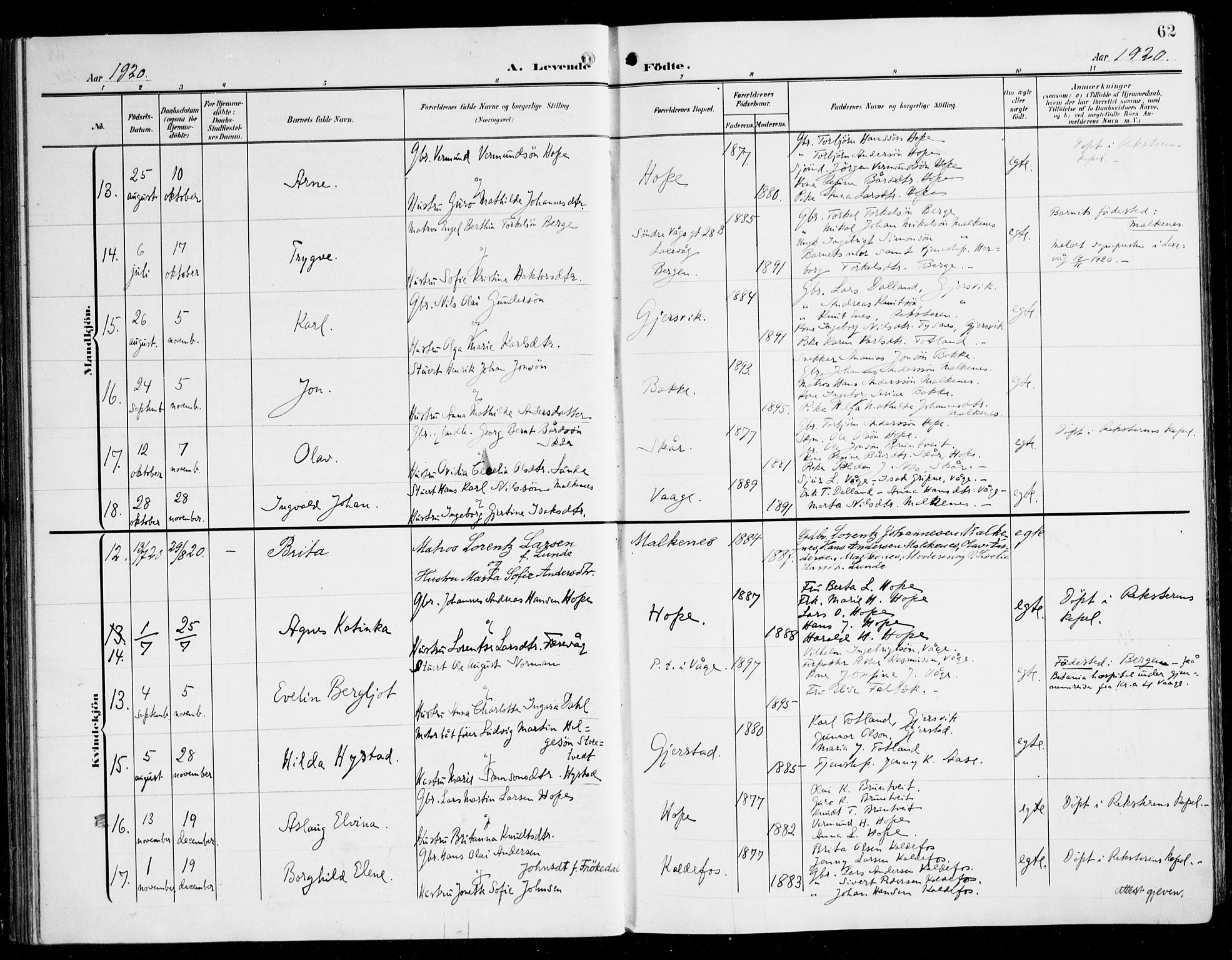 Tysnes sokneprestembete, SAB/A-78601/H/Haa: Parish register (official) no. B 2, 1907-1925, p. 62
