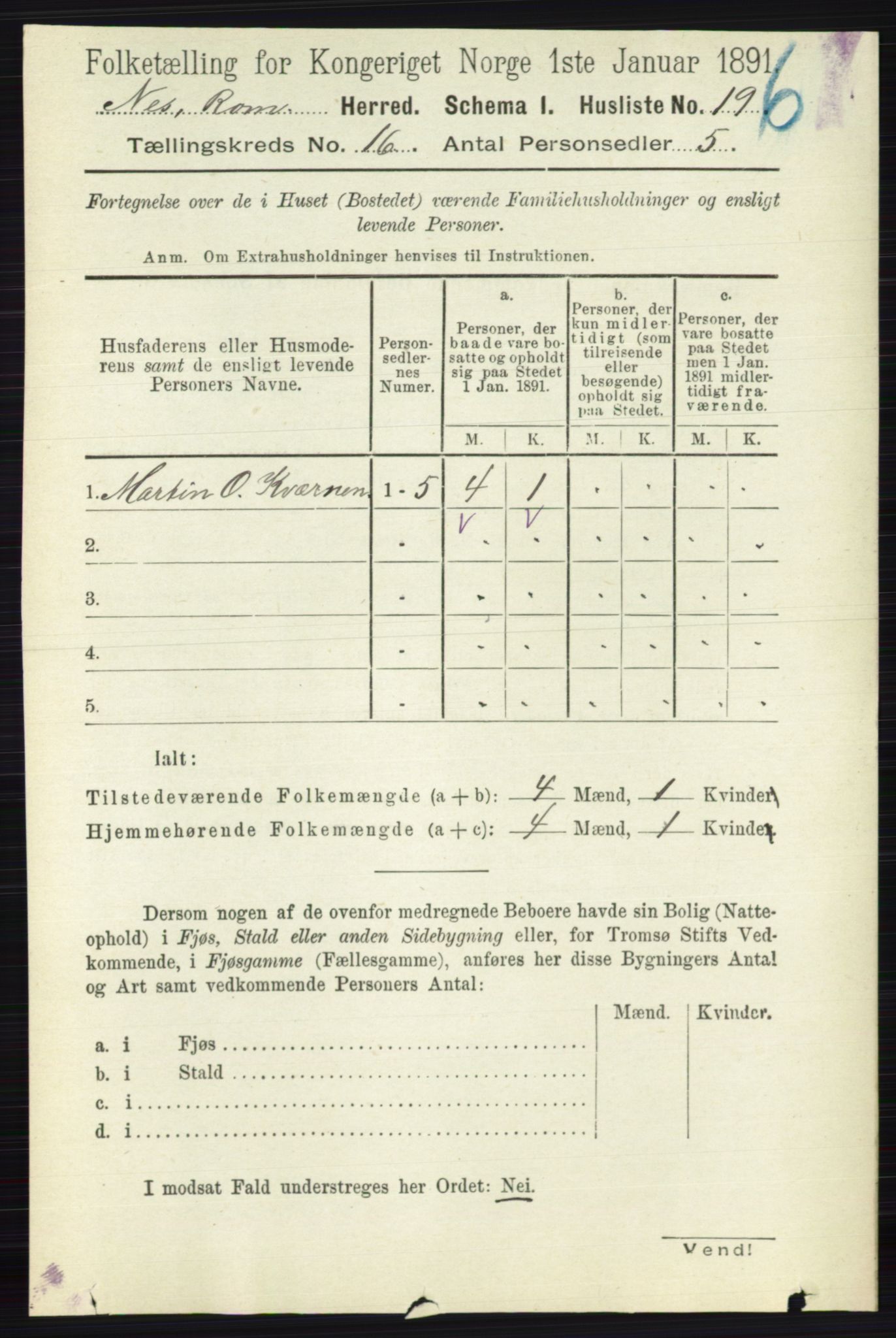 RA, 1891 census for 0236 Nes, 1891, p. 9517