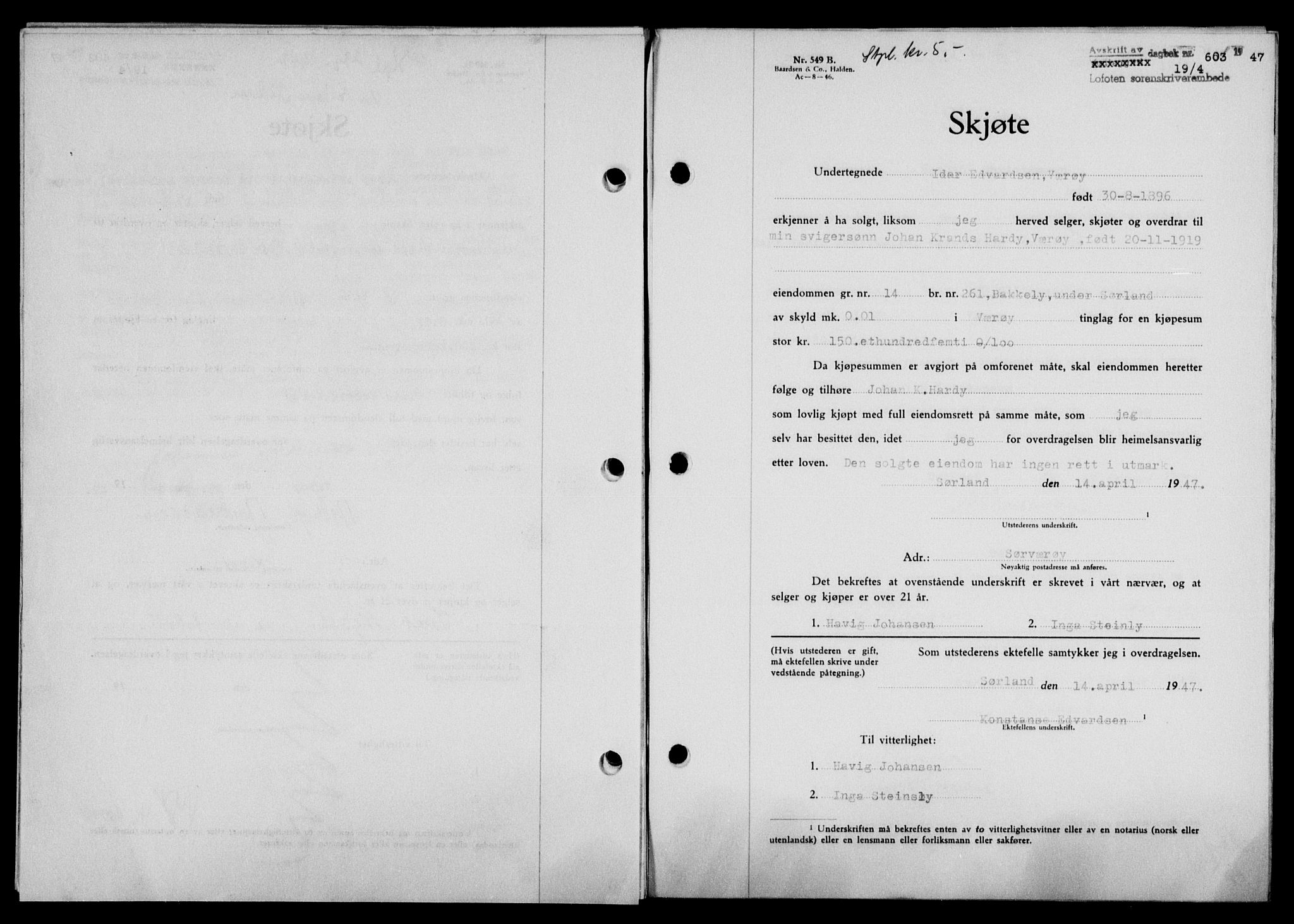 Lofoten sorenskriveri, SAT/A-0017/1/2/2C/L0015a: Mortgage book no. 15a, 1946-1947, Diary no: : 603/1947