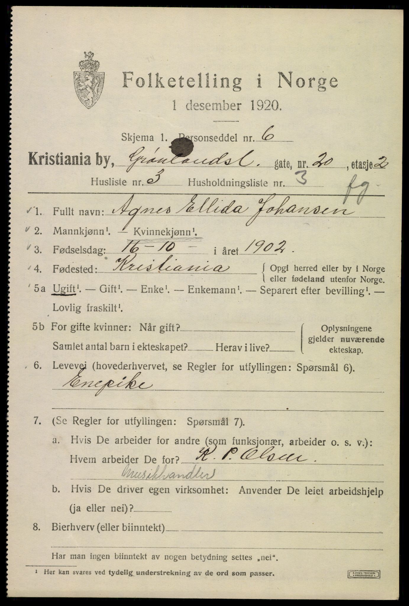 SAO, 1920 census for Kristiania, 1920, p. 256661