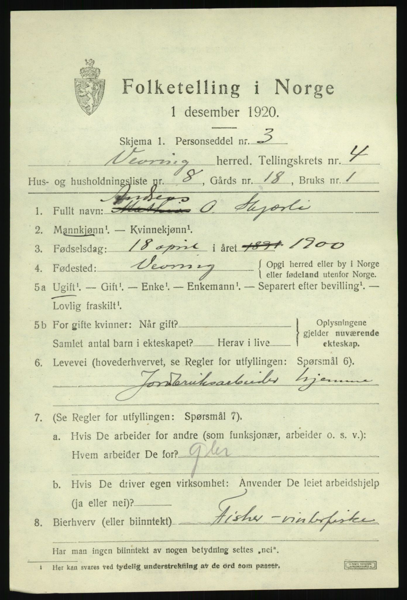 SAB, 1920 census for Vevring, 1920, p. 1406