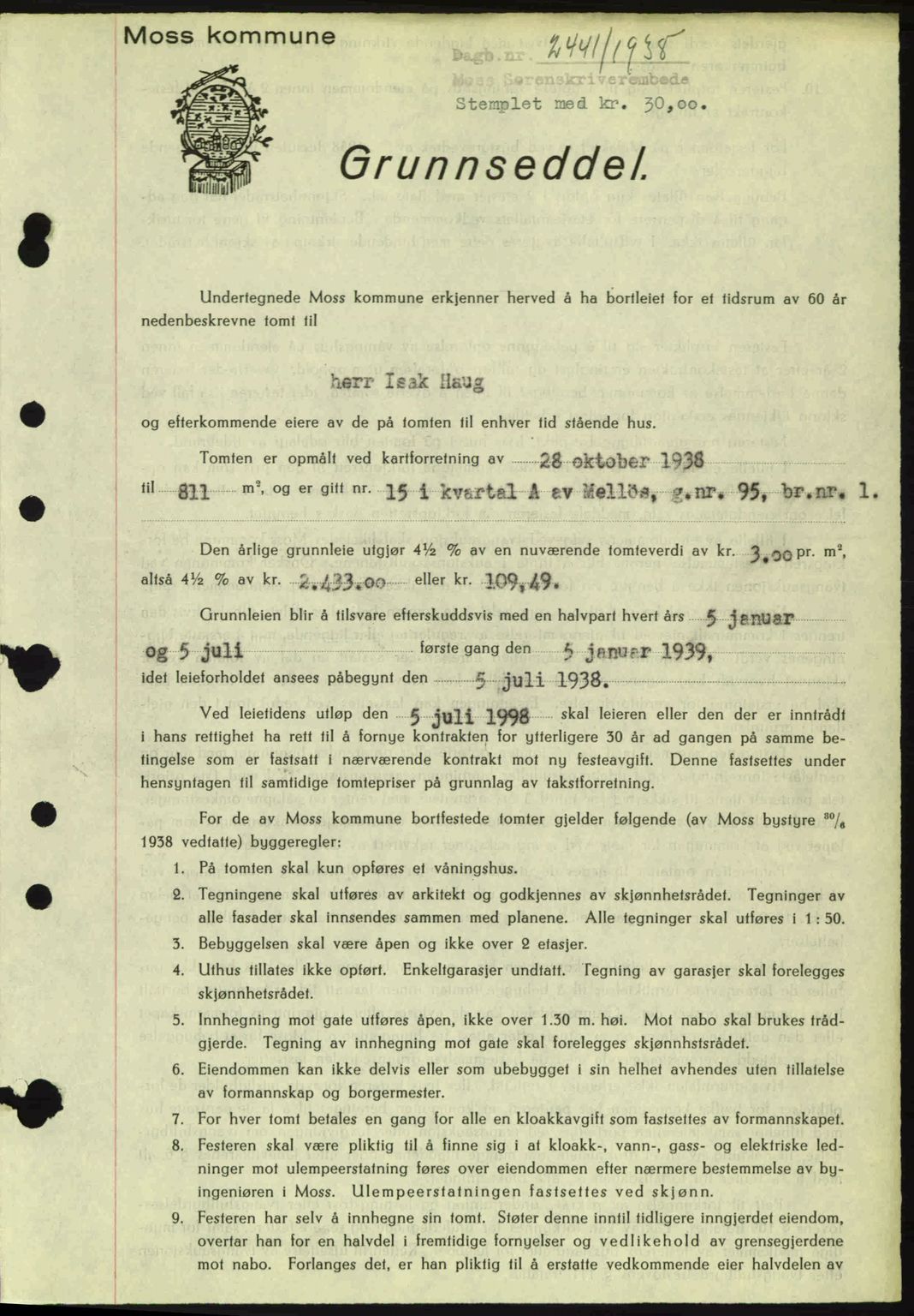 Moss sorenskriveri, SAO/A-10168: Mortgage book no. A5, 1938-1939, Diary no: : 2441/1938