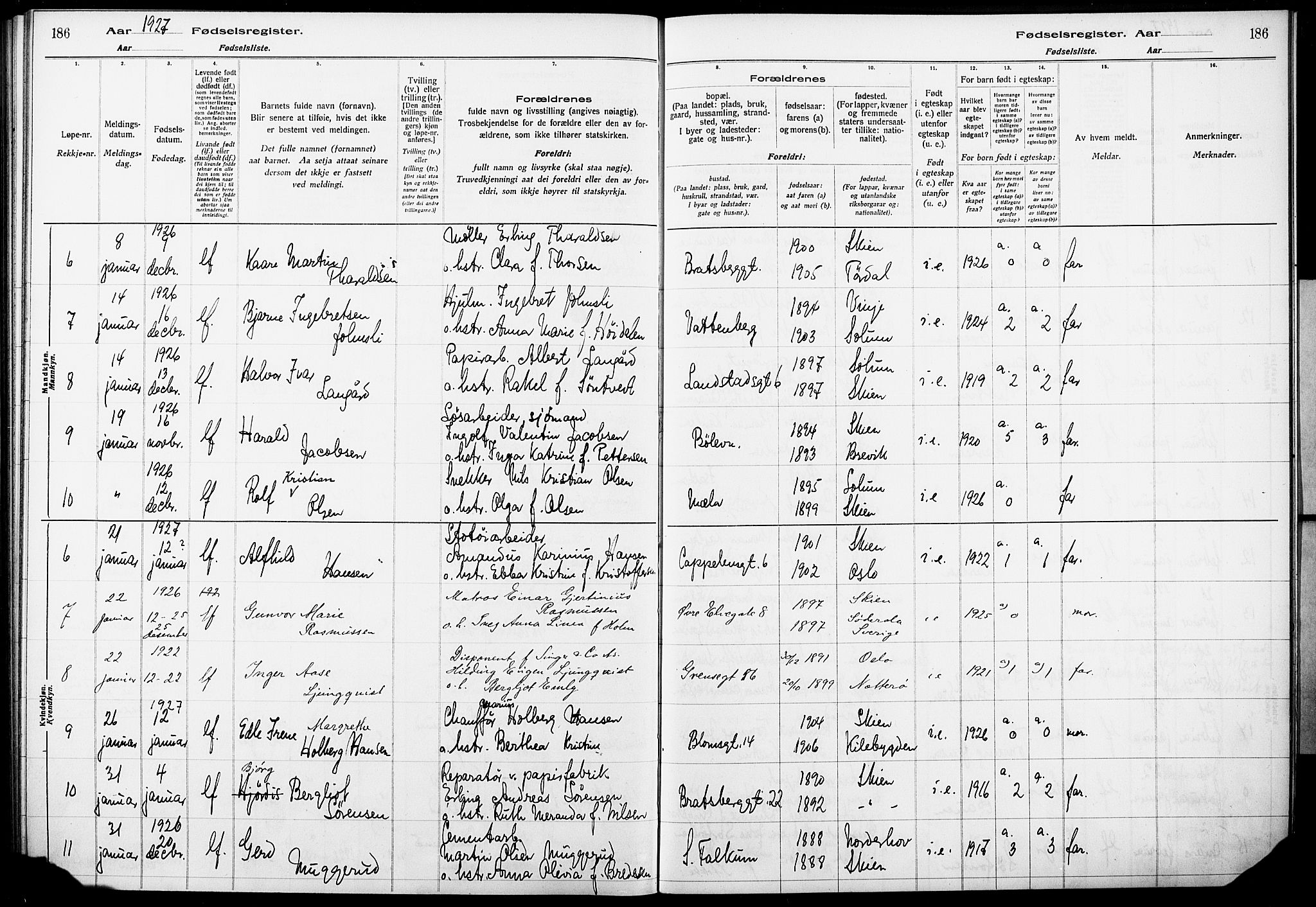 Skien kirkebøker, AV/SAKO-A-302/J/Ja/L0002: Birth register no. 2, 1921-1927, p. 186