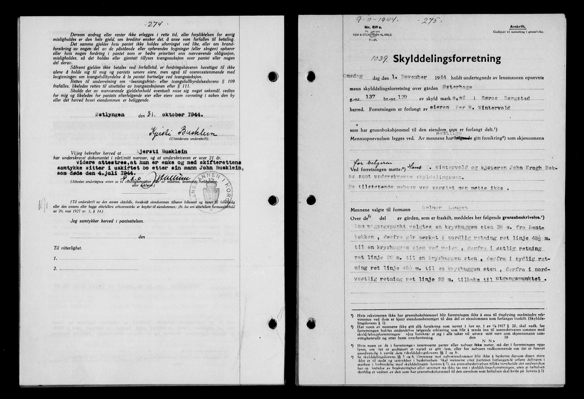 Gauldal sorenskriveri, SAT/A-0014/1/2/2C/L0058: Mortgage book no. 63, 1944-1945, Diary no: : 1039/1944