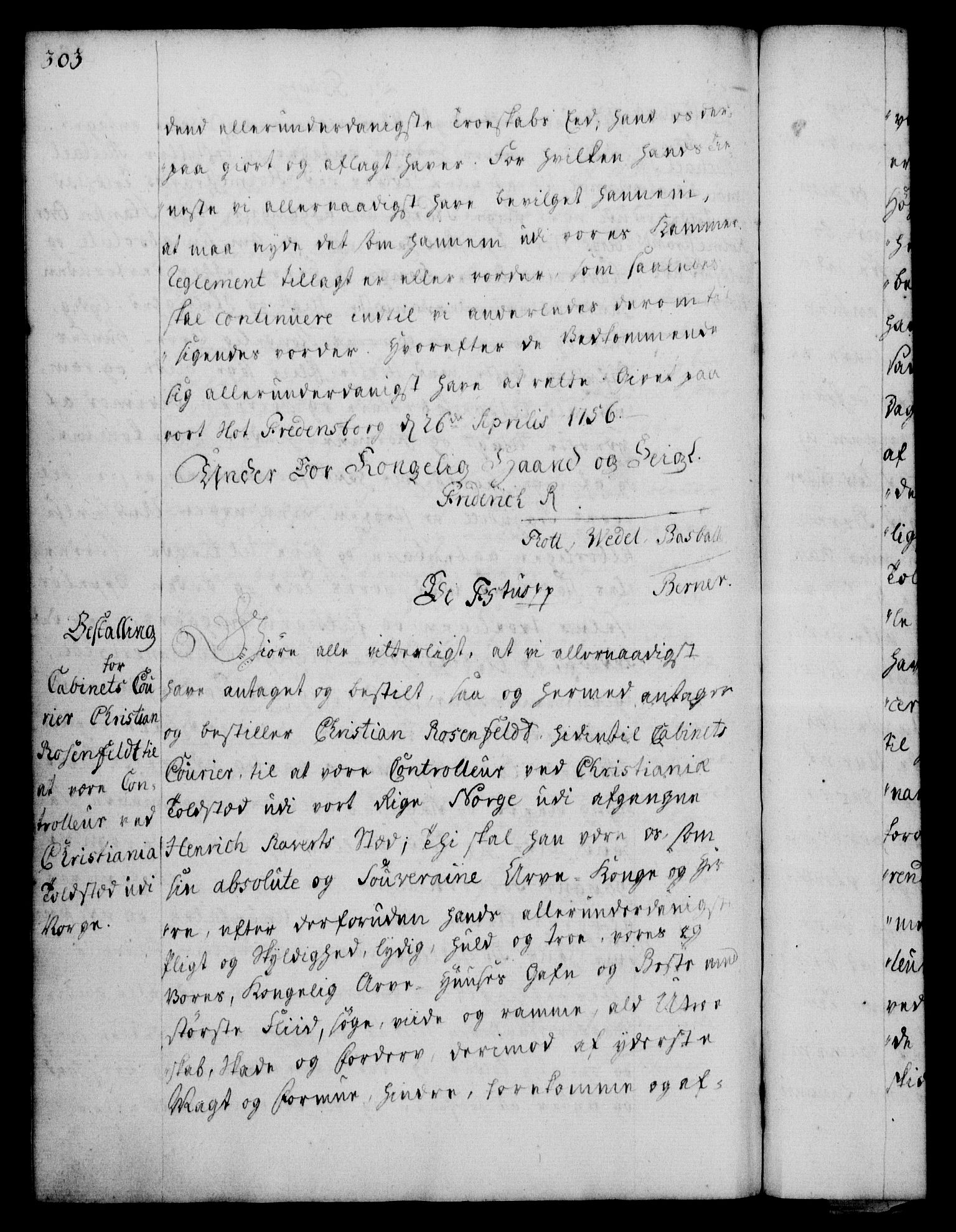 Rentekammeret, Kammerkanselliet, RA/EA-3111/G/Gg/Gge/L0003: Norsk bestallingsprotokoll med register (merket RK 53.27), 1745-1761, p. 303