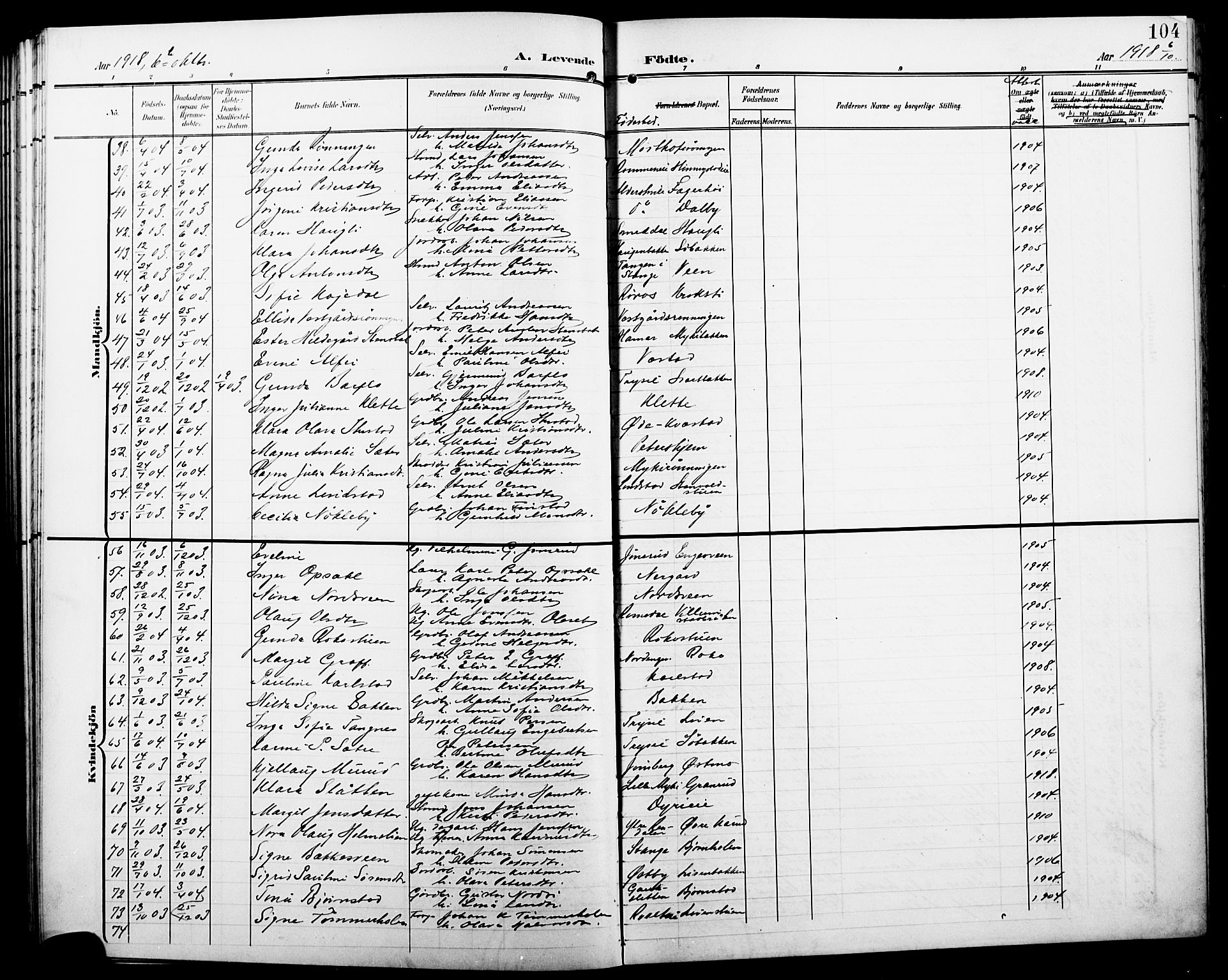 Løten prestekontor, SAH/PREST-022/L/La/L0007: Parish register (copy) no. 7, 1910-1919, p. 104