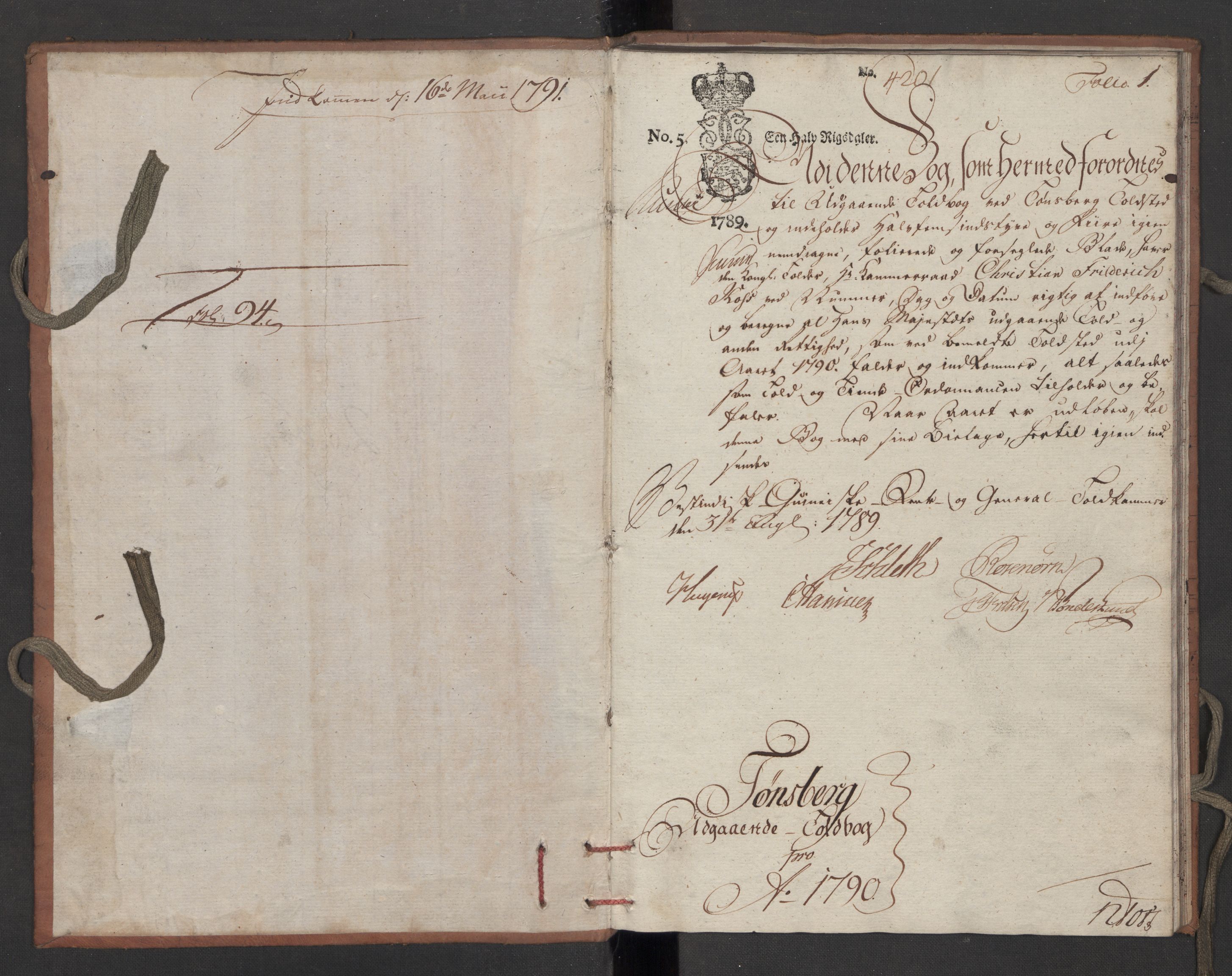 Generaltollkammeret, tollregnskaper, AV/RA-EA-5490/R10/L0052/0002: Tollregnskaper Tønsberg / Utgående tollbok, 1790, p. 1a