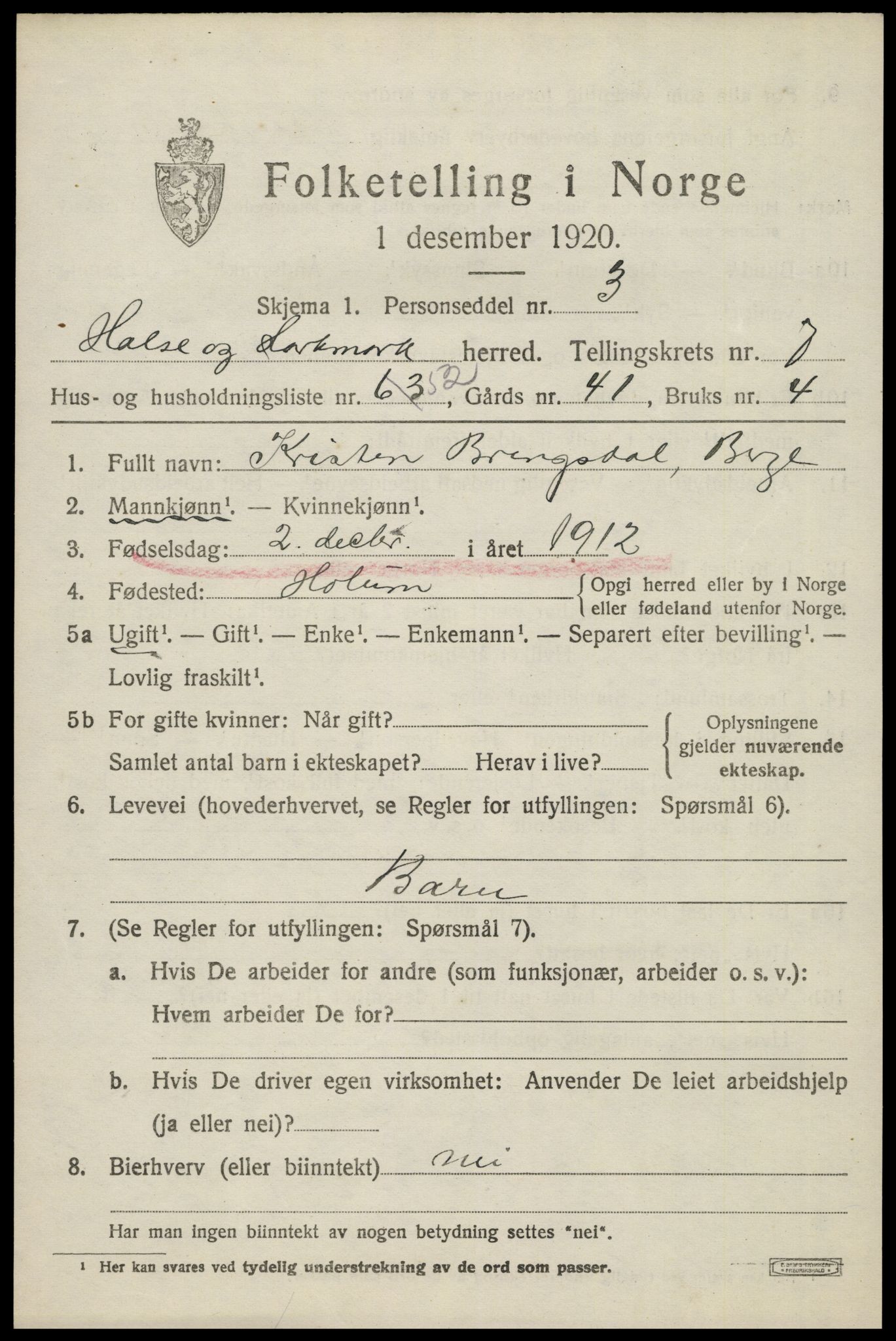 SAK, 1920 census for Halse og Harkmark, 1920, p. 4249