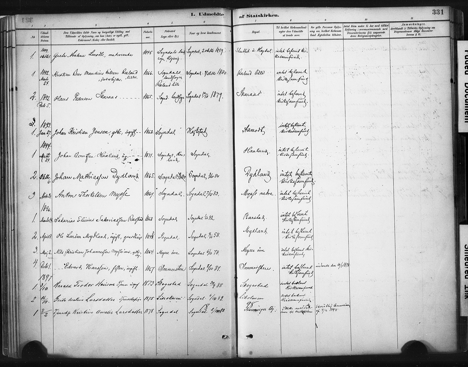 Sokndal sokneprestkontor, SAST/A-101808: Parish register (official) no. A 11.2, 1887-1905, p. 331
