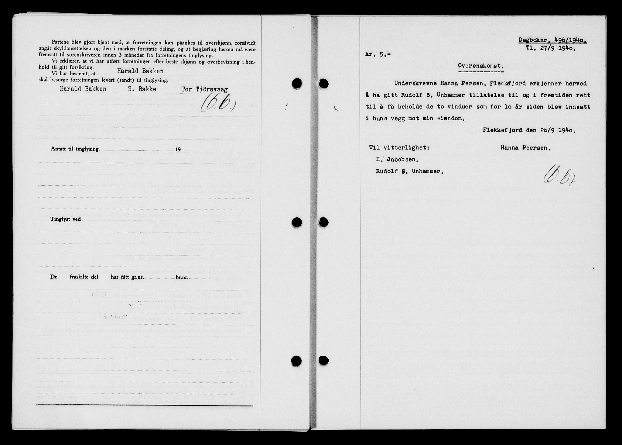 Flekkefjord sorenskriveri, AV/SAK-1221-0001/G/Gb/Gba/L0056: Mortgage book no. A-4, 1940-1941, Diary no: : 496/1940