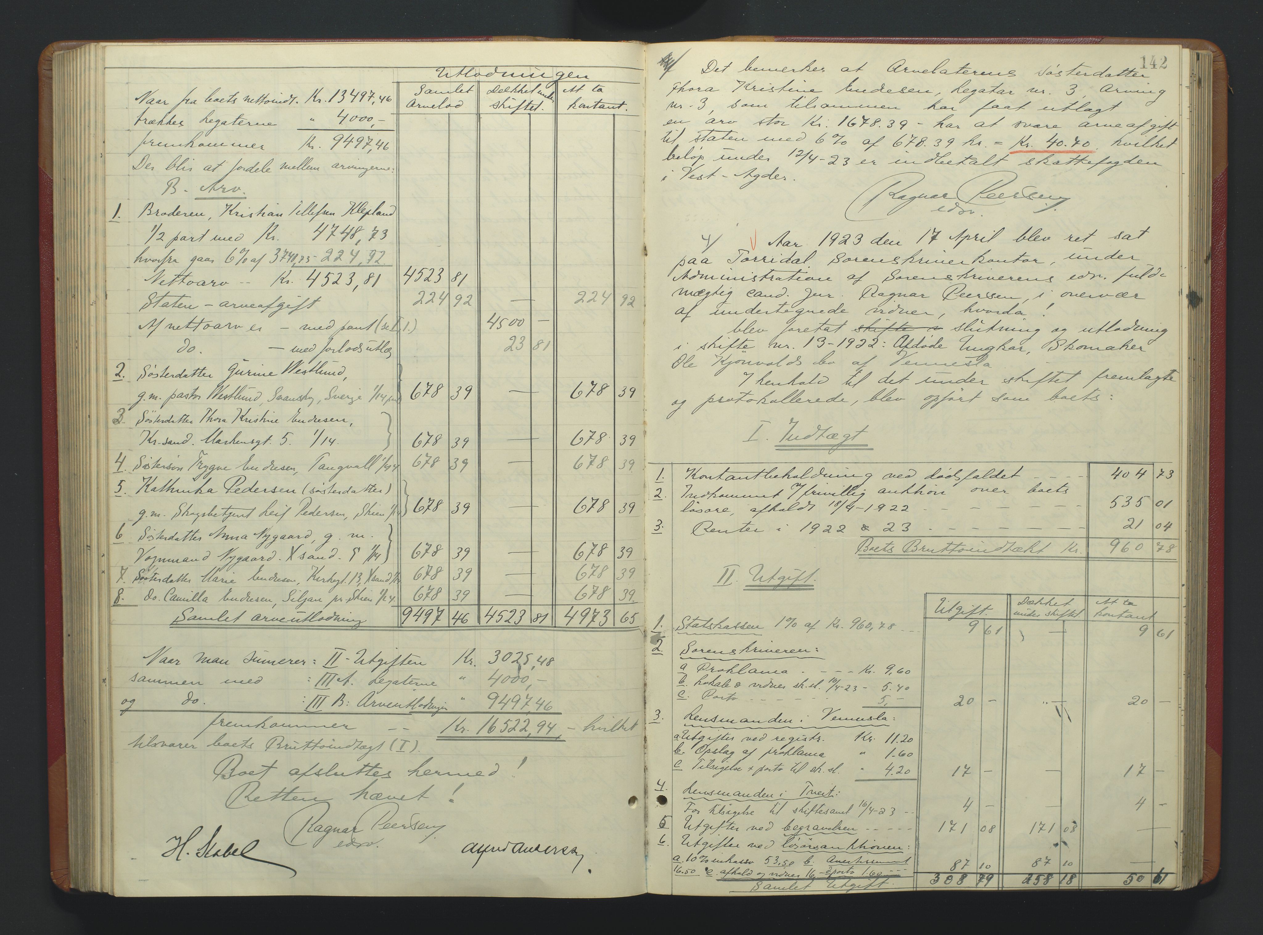 Torridal sorenskriveri, AV/SAK-1221-0012/H/Hc/L0037: Skifteutlodningsprotokoll med navneregister nr. 6, 1918-1927, p. 142