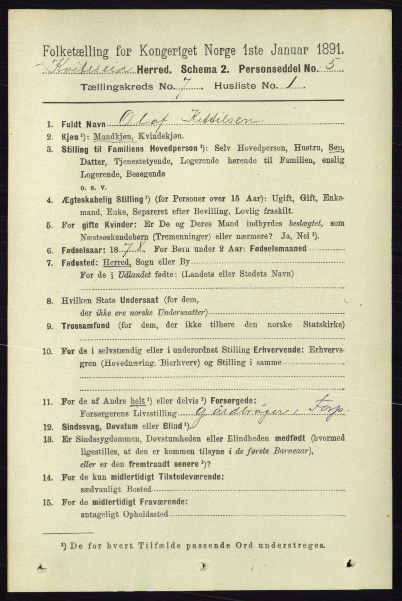 RA, 1891 census for 0829 Kviteseid, 1891, p. 1369