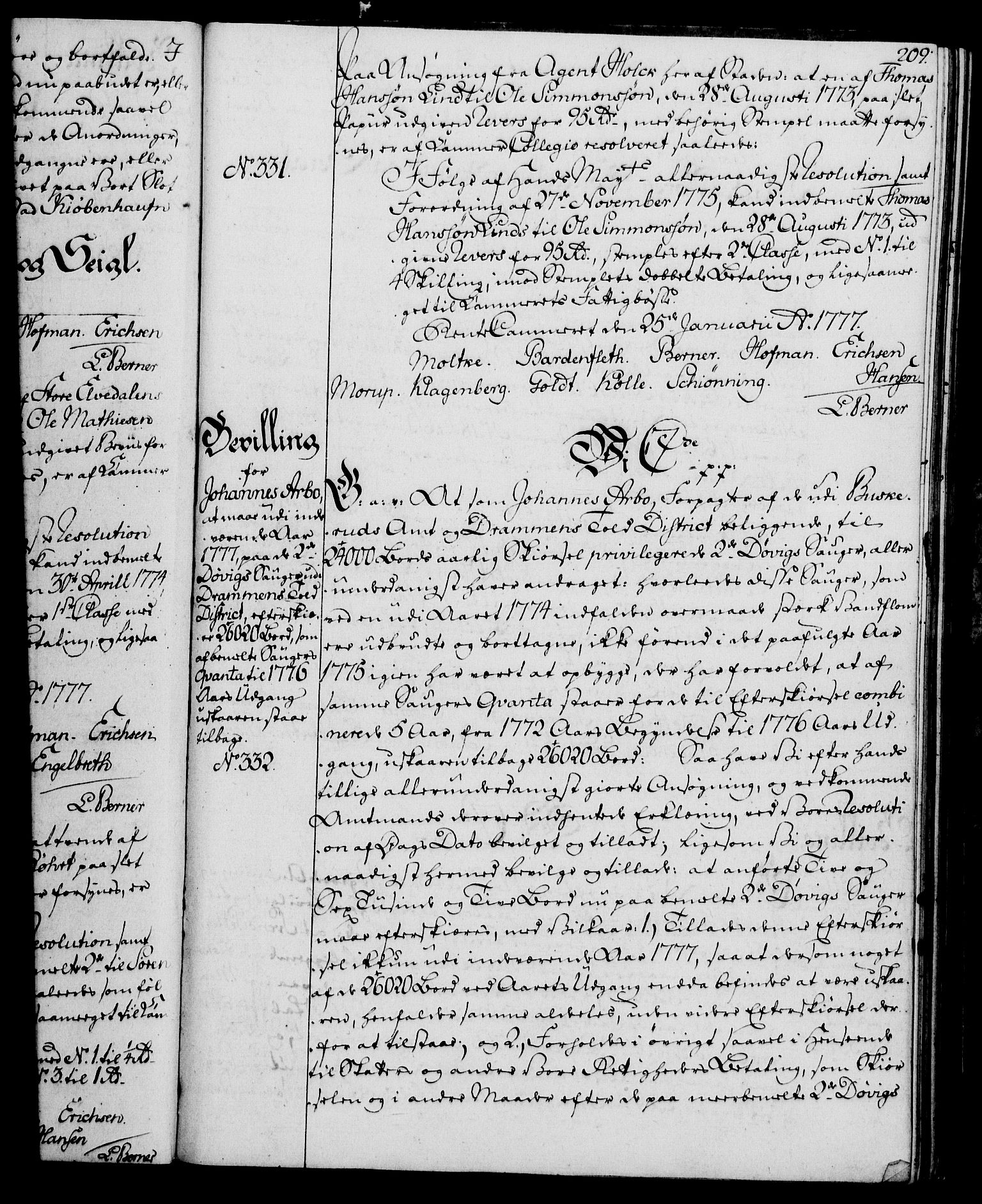 Rentekammeret, Kammerkanselliet, AV/RA-EA-3111/G/Gg/Gga/L0010: Norsk ekspedisjonsprotokoll med register (merket RK 53.10), 1773-1778, p. 209
