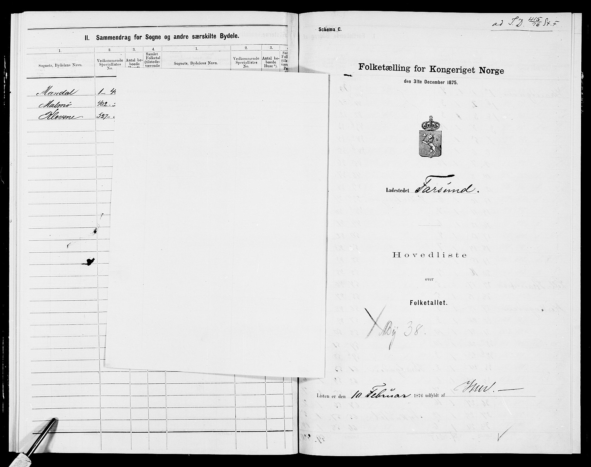 SAK, 1875 census for 1003B Vanse/Farsund, 1875, p. 1