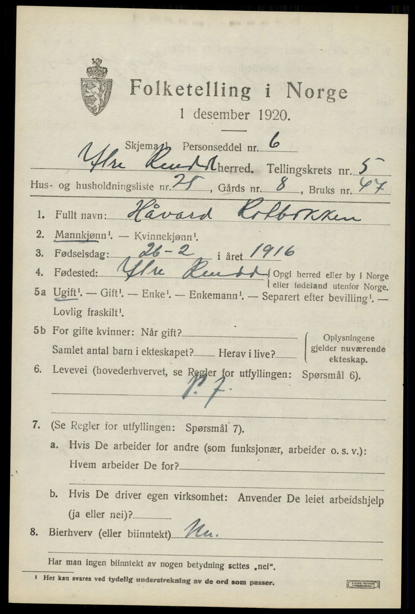 SAH, 1920 census for Ytre Rendal, 1920, p. 2931