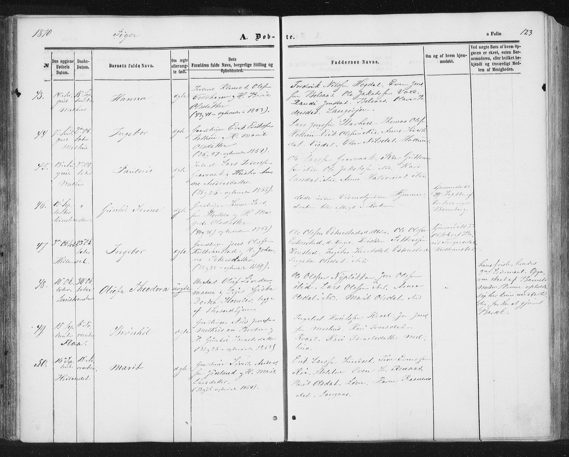 Ministerialprotokoller, klokkerbøker og fødselsregistre - Sør-Trøndelag, AV/SAT-A-1456/691/L1077: Parish register (official) no. 691A09, 1862-1873, p. 123