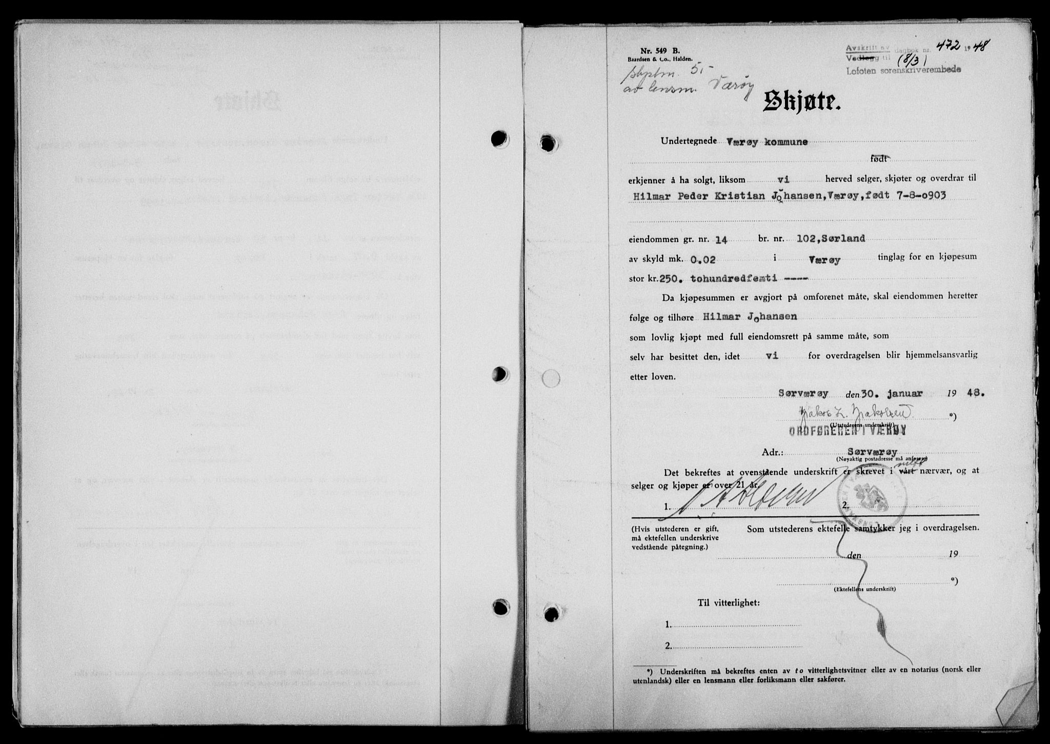 Lofoten sorenskriveri, SAT/A-0017/1/2/2C/L0018a: Mortgage book no. 18a, 1948-1948, Diary no: : 472/1948