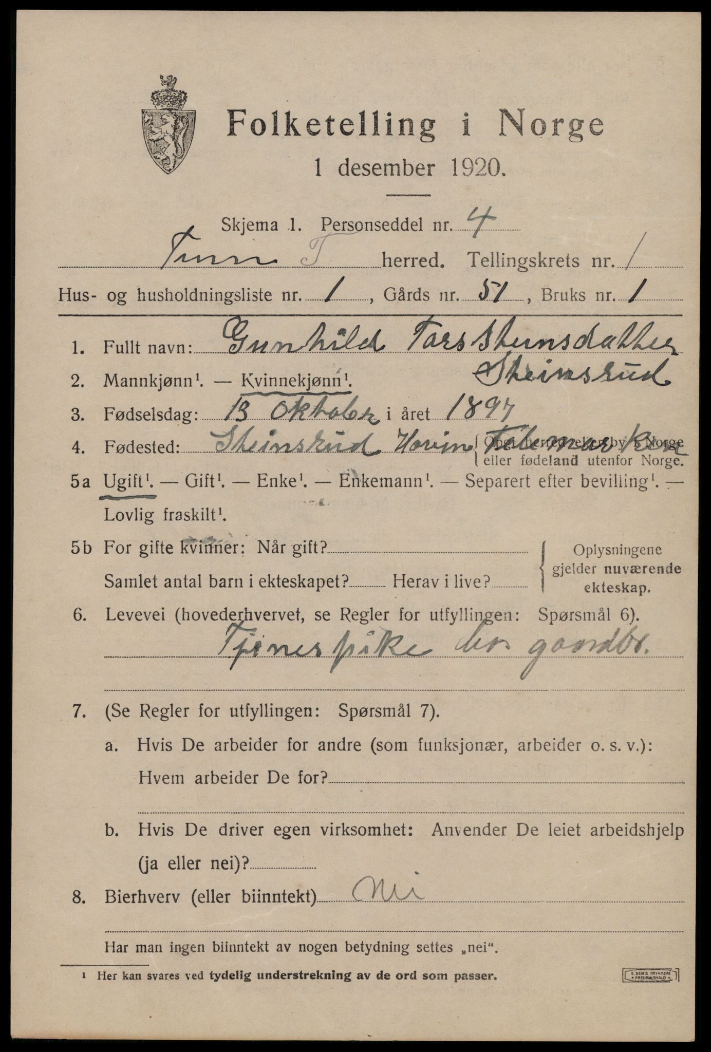 SAKO, 1920 census for Tinn, 1920, p. 2694