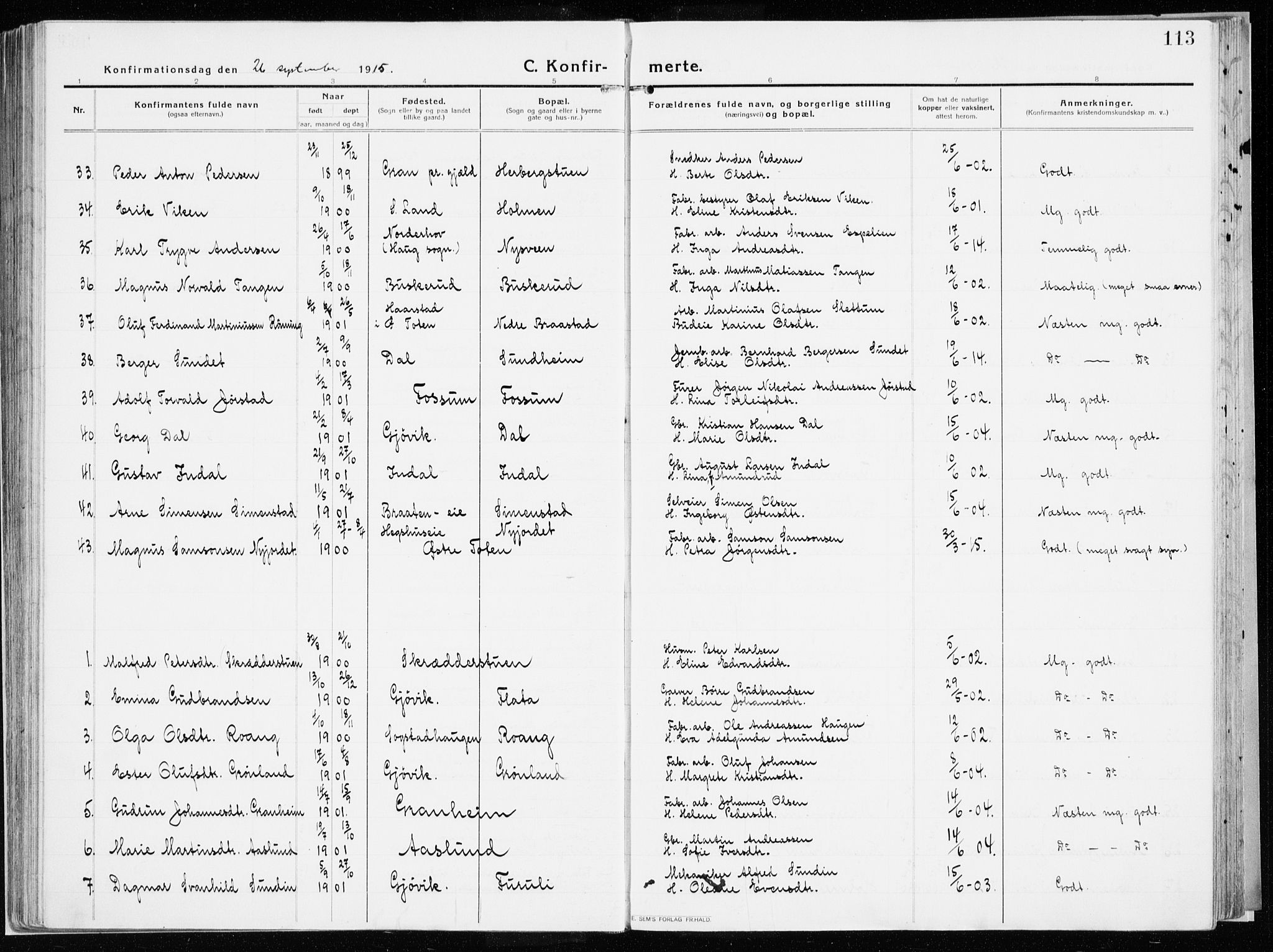 Vardal prestekontor, SAH/PREST-100/H/Ha/Haa/L0017: Parish register (official) no. 17, 1915-1929, p. 113