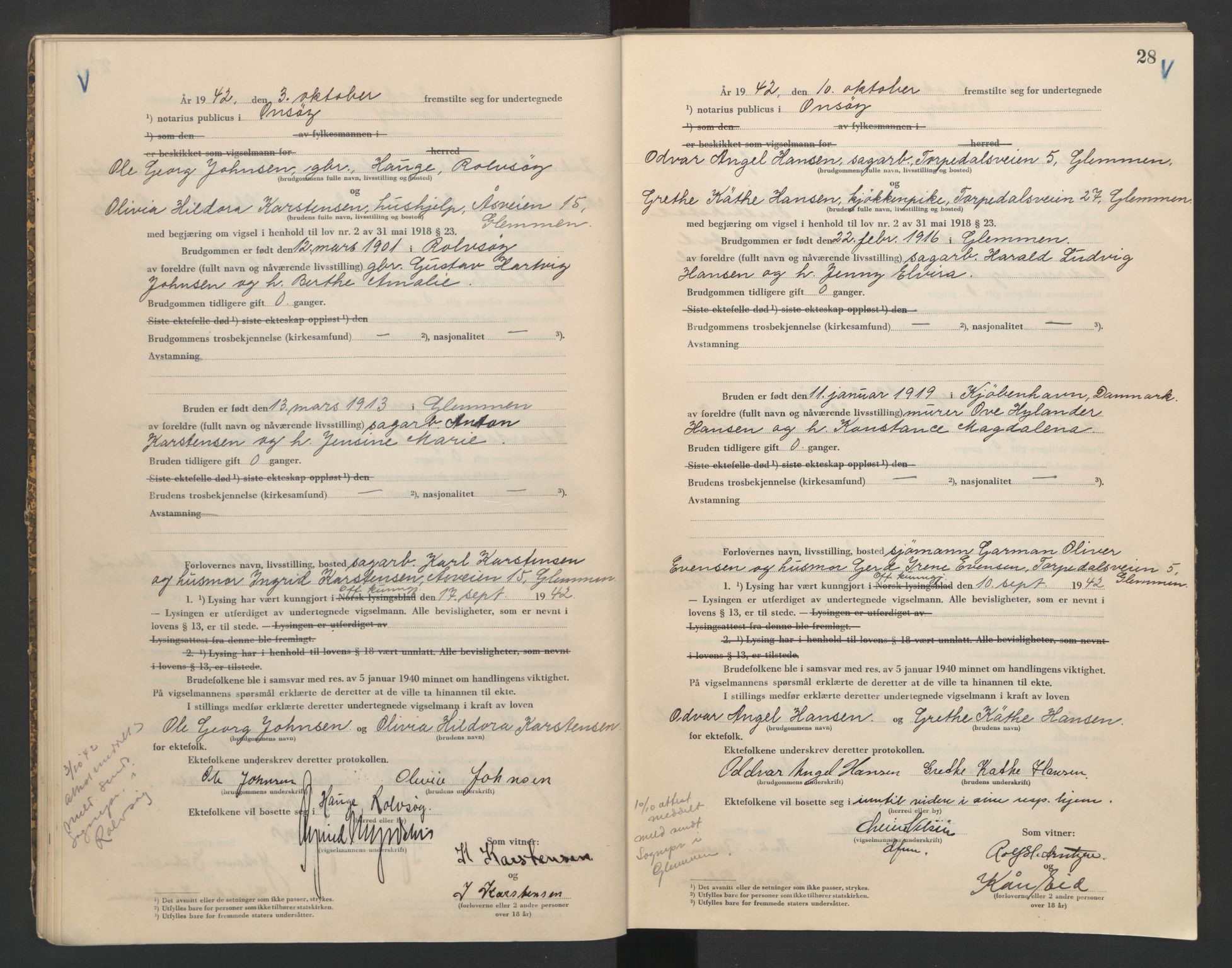 Onsøy sorenskriveri, AV/SAO-A-10474/L/La/L0002: Vigselsbok, 1942-1943, p. 28