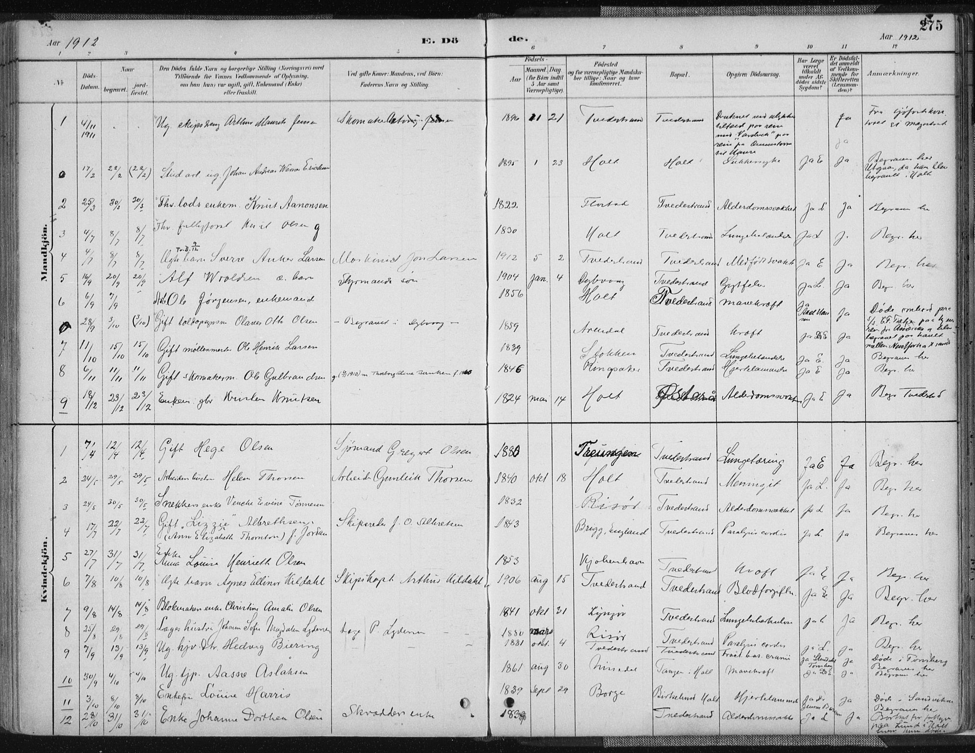 Tvedestrand sokneprestkontor, AV/SAK-1111-0042/F/Fa/L0001: Parish register (official) no. A 1, 1885-1916, p. 275