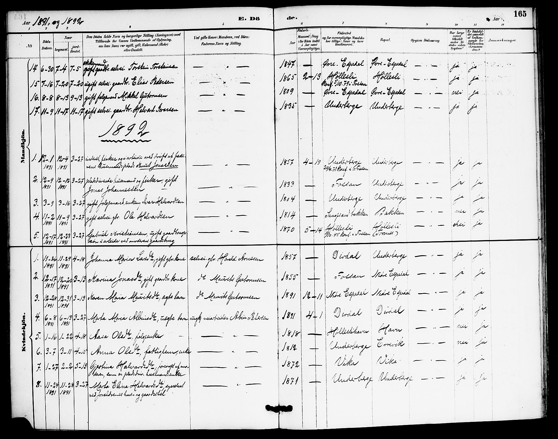 Høgsfjord sokneprestkontor, AV/SAST-A-101624/H/Ha/Haa/L0006: Parish register (official) no. A 6, 1885-1897, p. 165