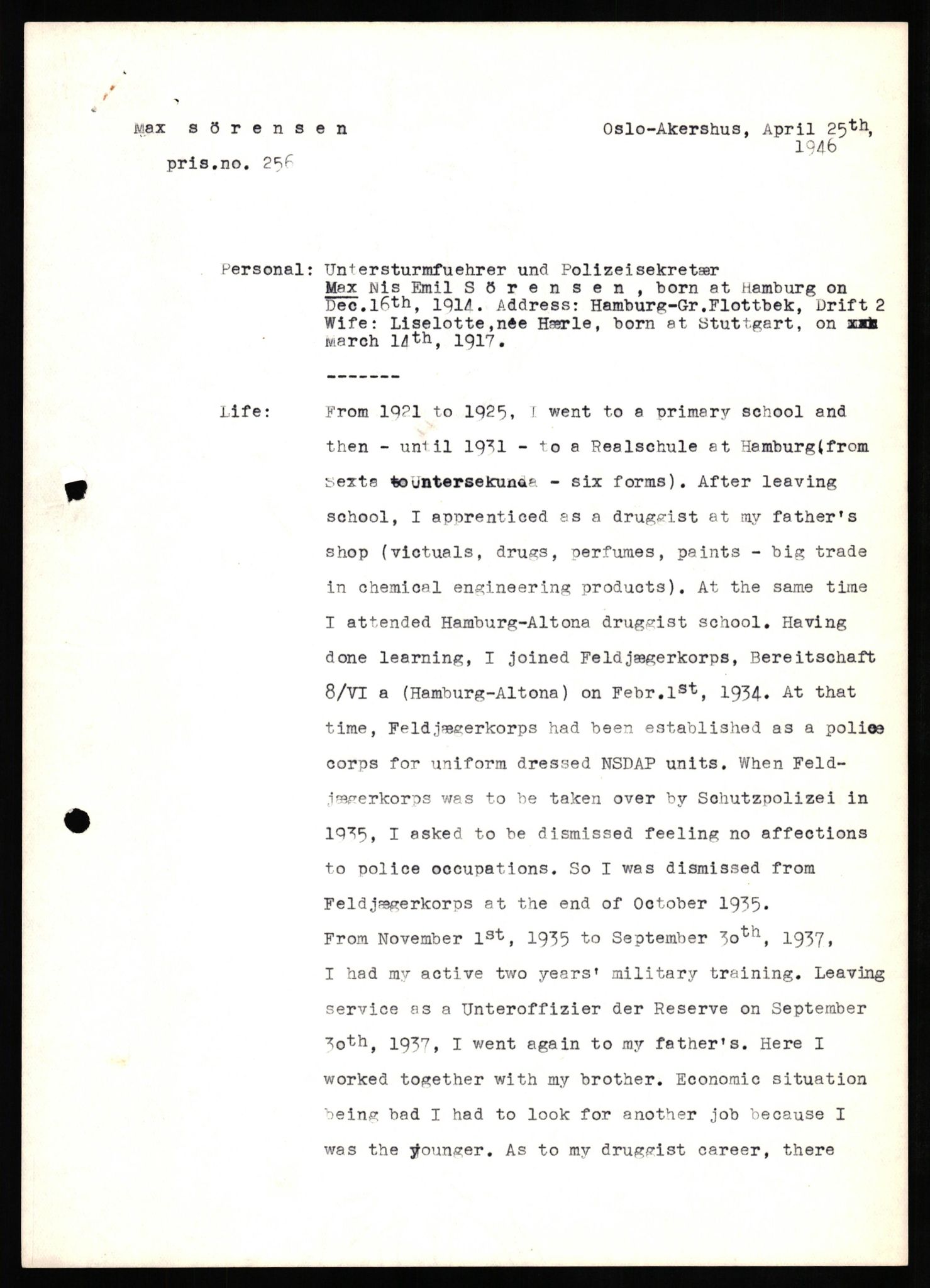 Forsvaret, Forsvarets overkommando II, RA/RAFA-3915/D/Db/L0033: CI Questionaires. Tyske okkupasjonsstyrker i Norge. Tyskere., 1945-1946, p. 360
